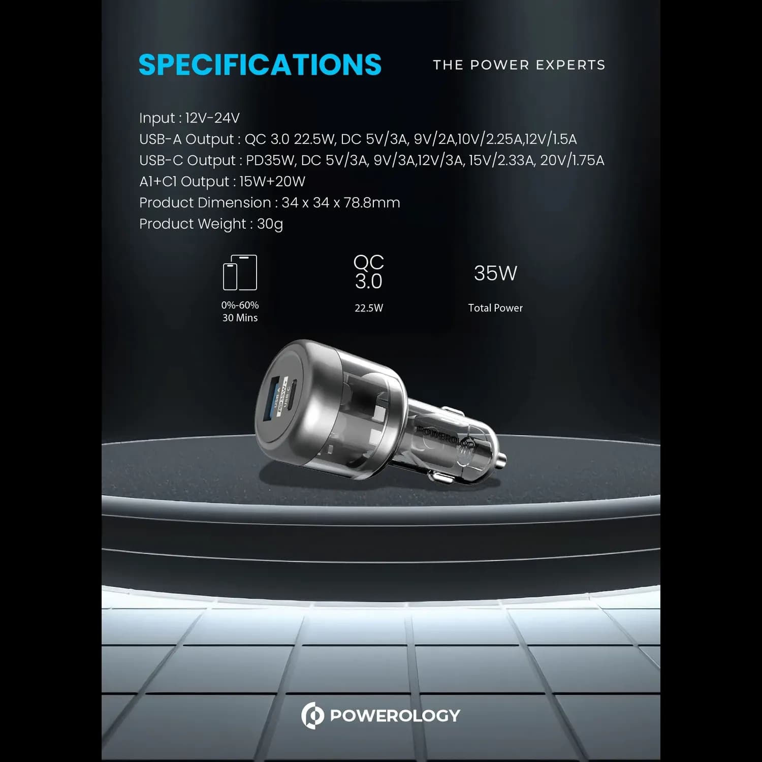 Powerology Car Charger Crystalline Series - Dual Output, Transparent 2
