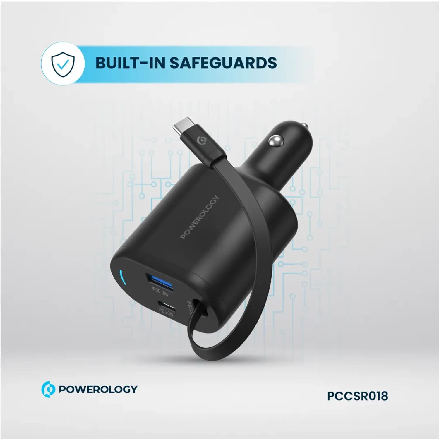 Powerology Car Charger - Type-C Retractable 70W, Black 5