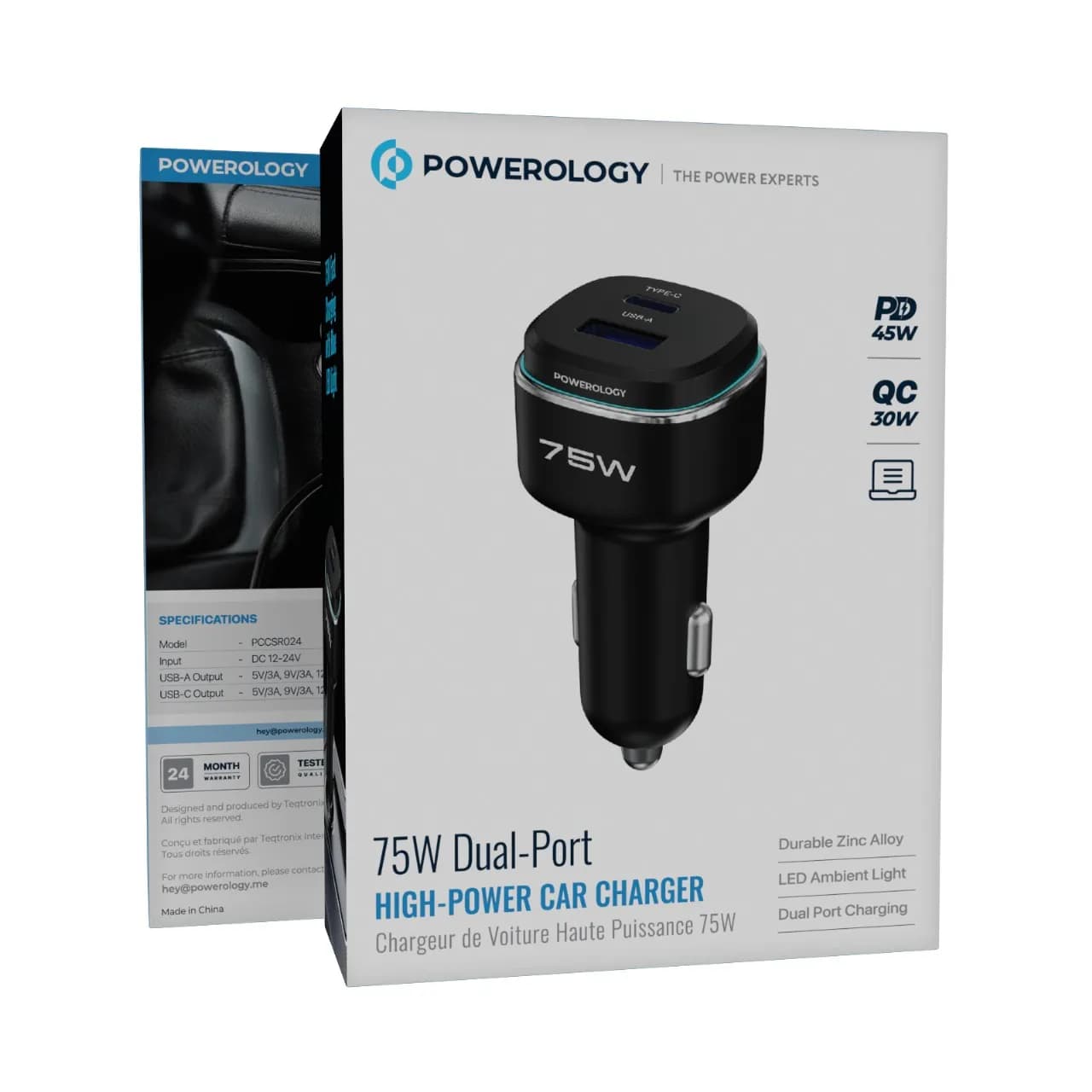 Powerology Car Charger - 75W PD/QC, Black/Grey 3
