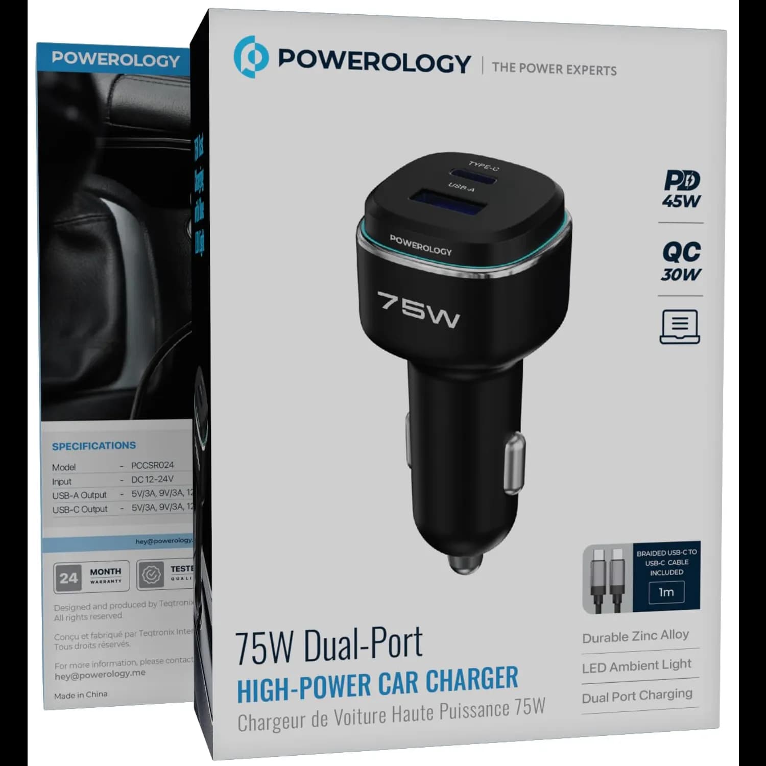 Powerology Car Charger - 75W PD/QC Fast Charge, Black/Grey 4