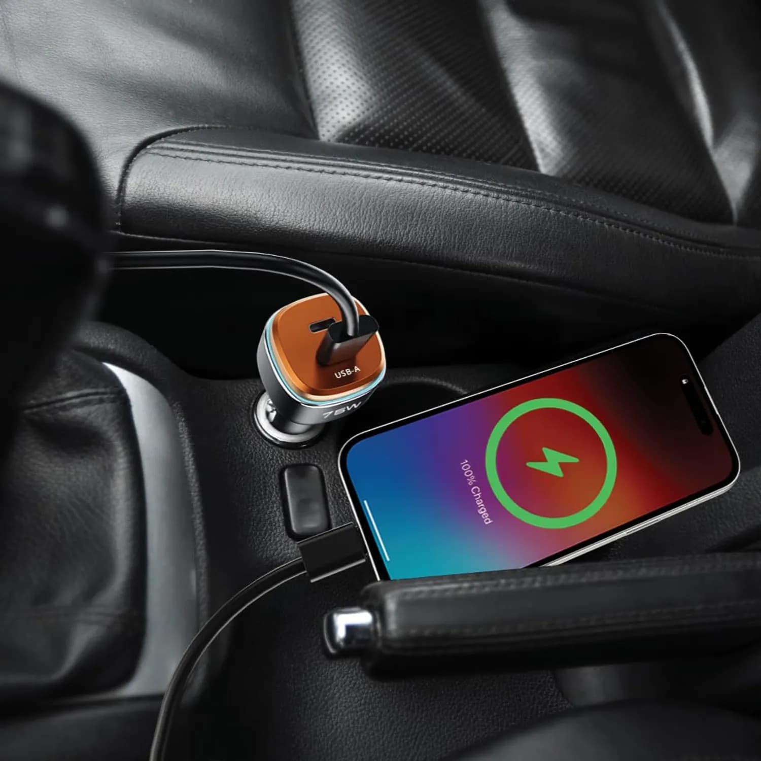 Powerology Car Charger - 75W PD/QC Fast Charge, Black/Orange 2