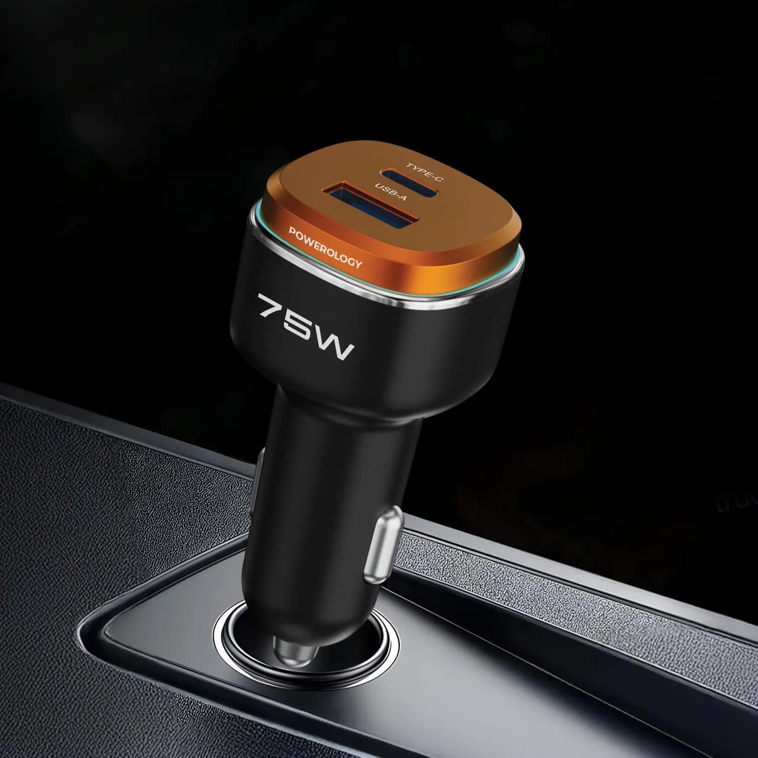 Powerology Car Charger - 75W PD/QC Fast Charge, Black/Orange 3