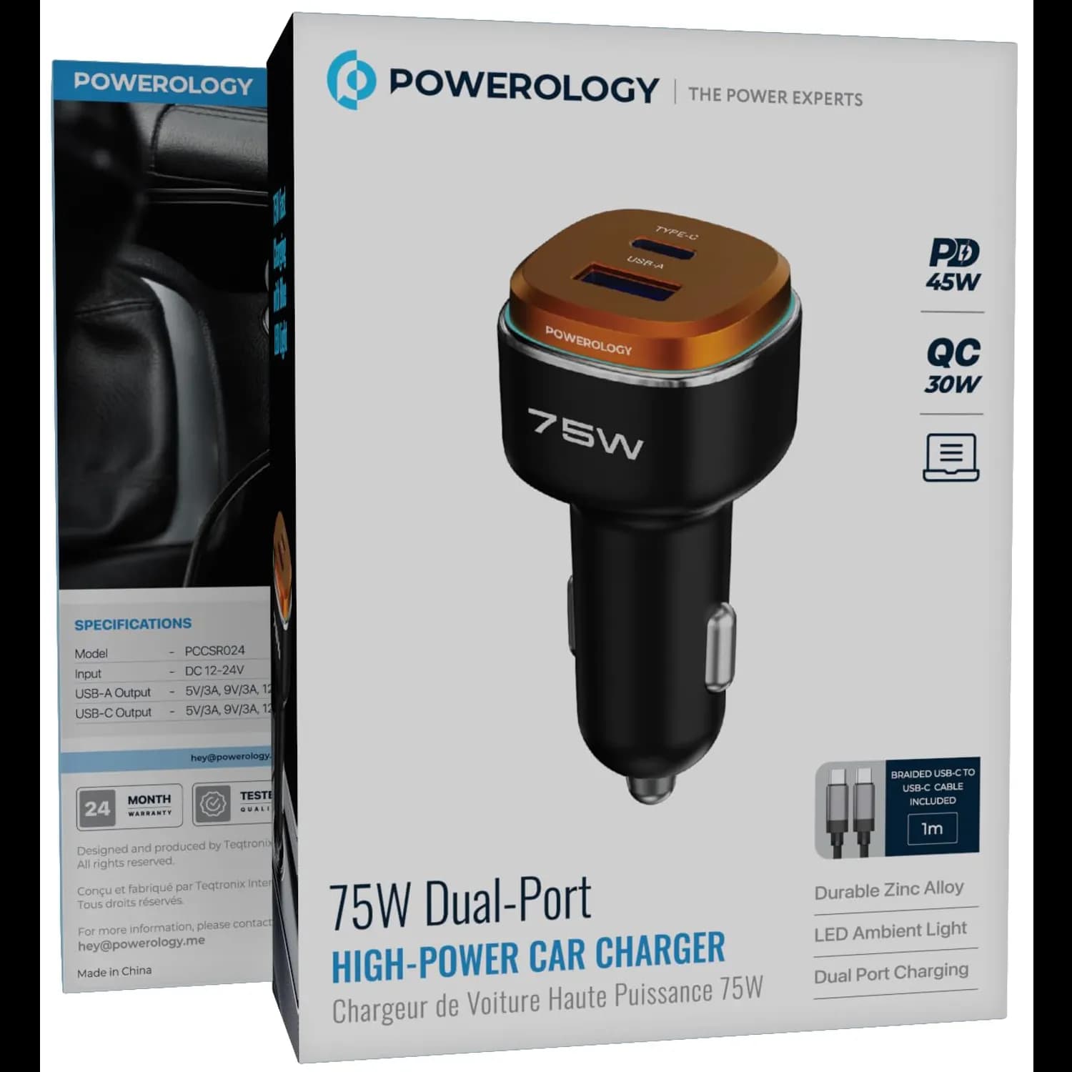 Powerology Car Charger - 75W PD/QC Fast Charge, Black/Orange 4
