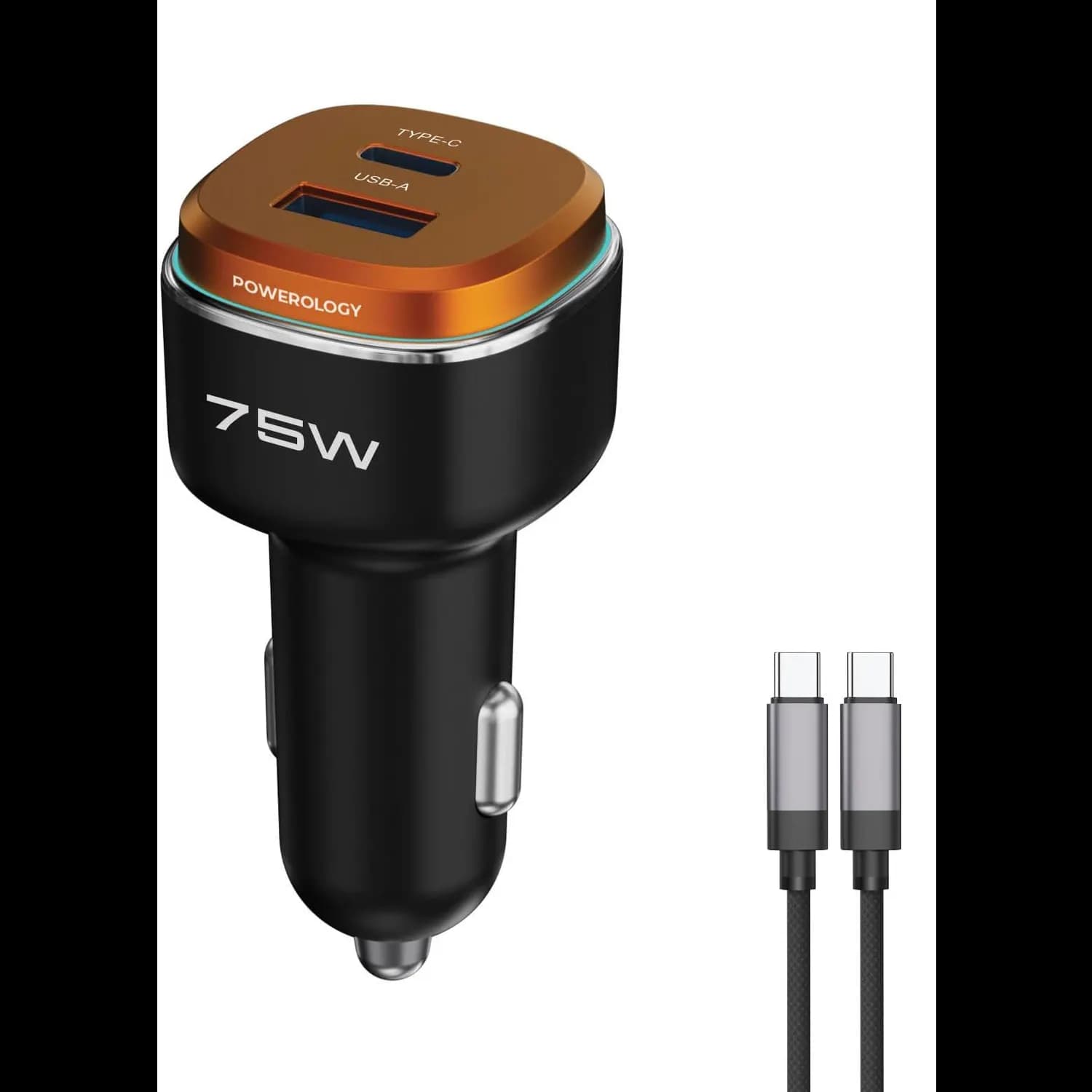 Powerology Car Charger - 75W PD/QC Fast Charge, Black/Orange 1