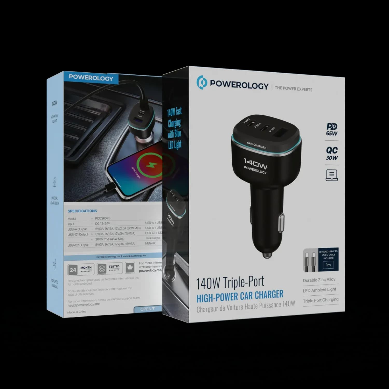 Powerology Car Charger - 140W, 1 USB-A & 2 USB-C Ports, Black/Grey 4