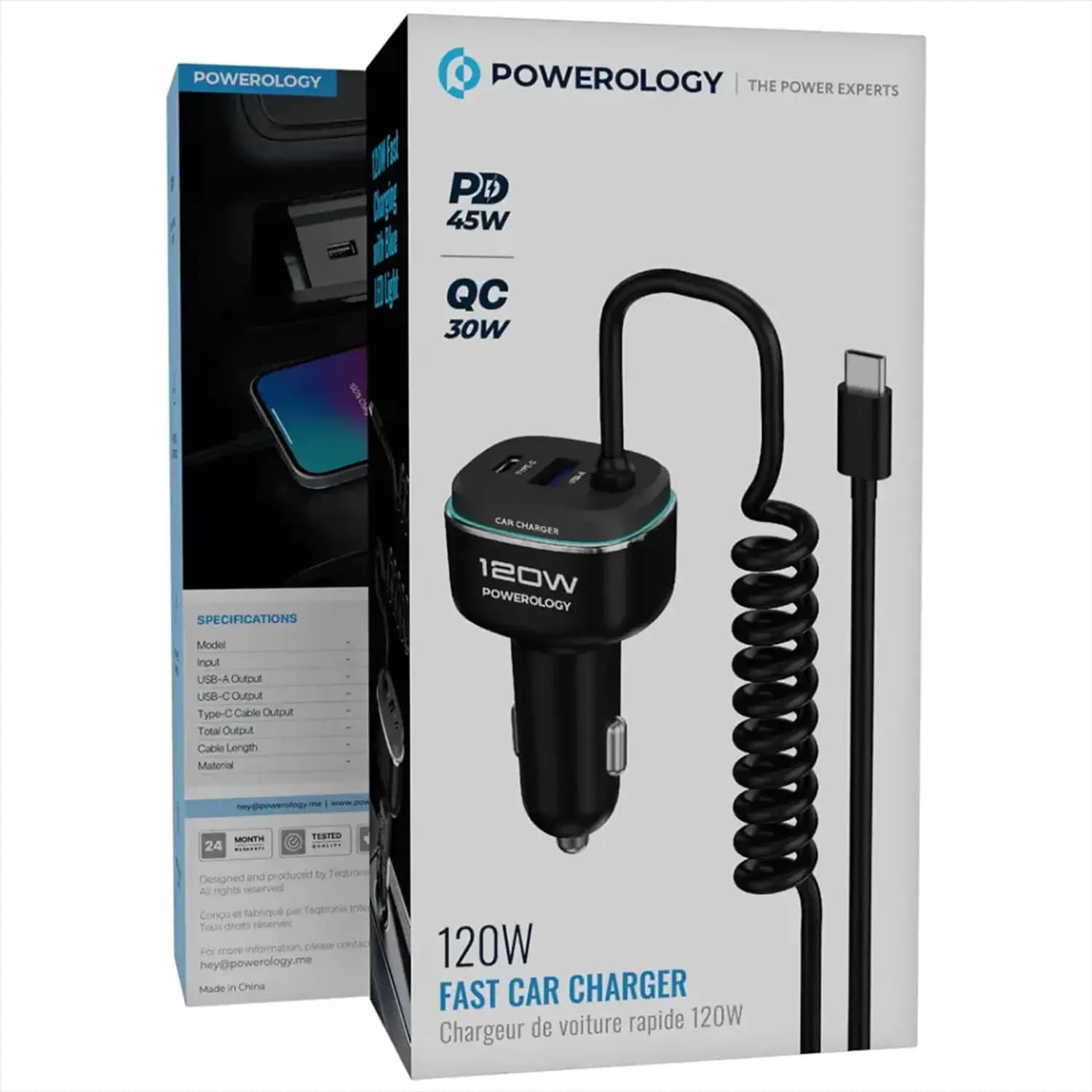 Powerology Car Charger - 120W Fast Charging, Black/Grey 2