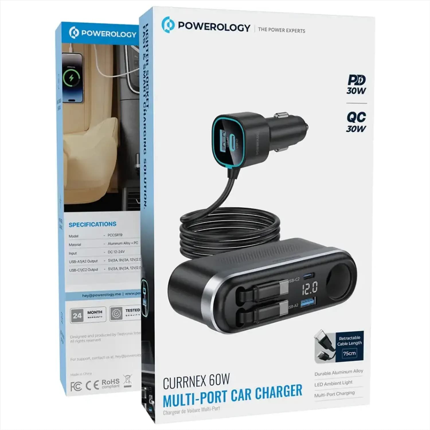 Powerology Car Charger Currnex - 60W Multi-Port, Black 2