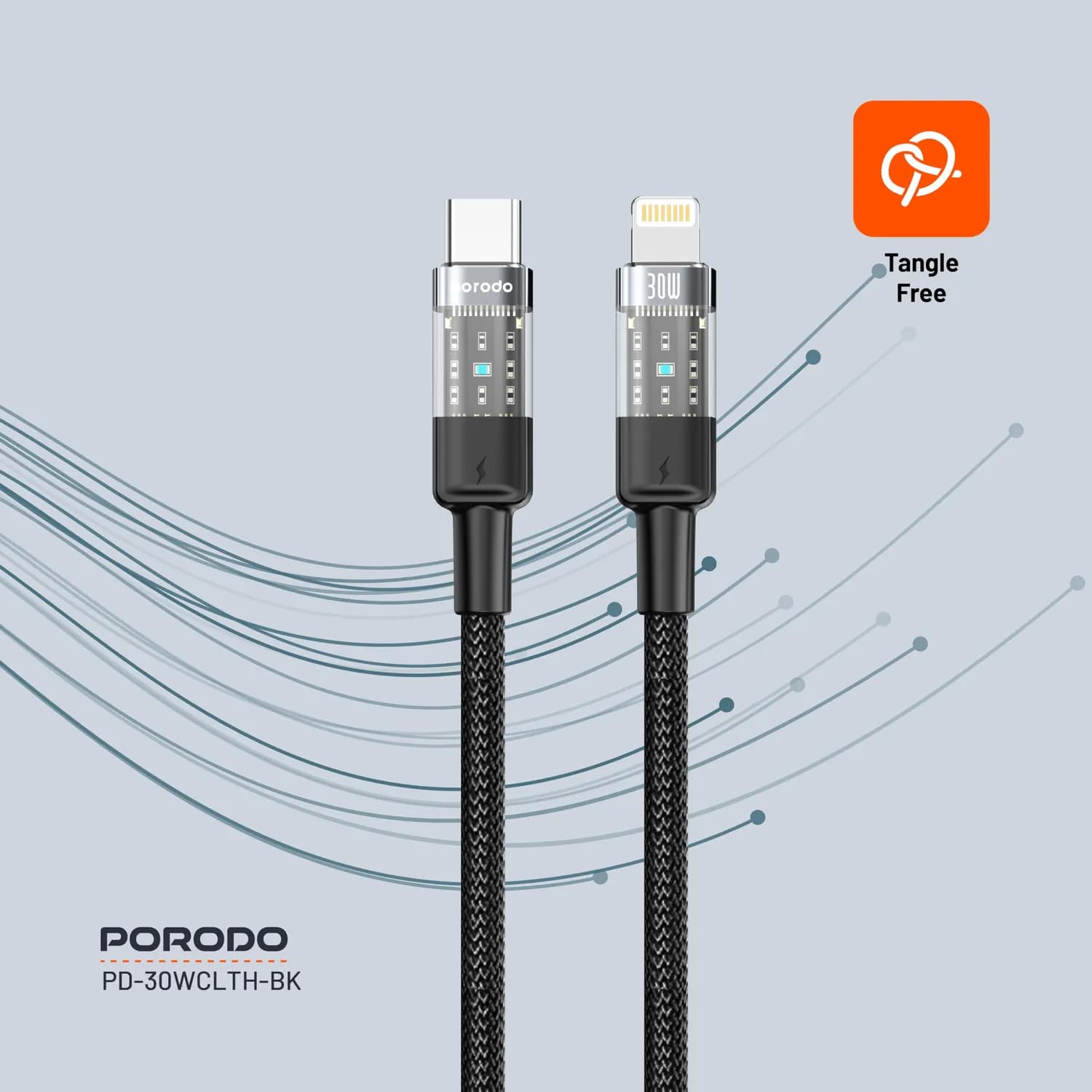 Porodo USB to Lightning Cable - 30W Fast Charging, 1.2M, Black 4