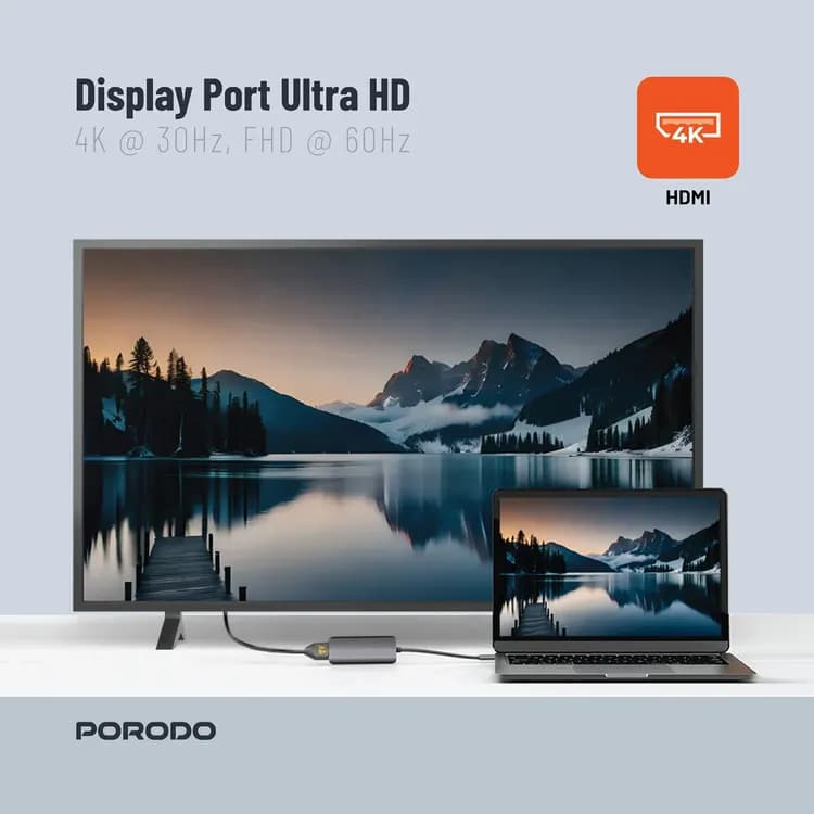 Porodo USB-C Hub - 4-in-1, 100W PD, Grey 2