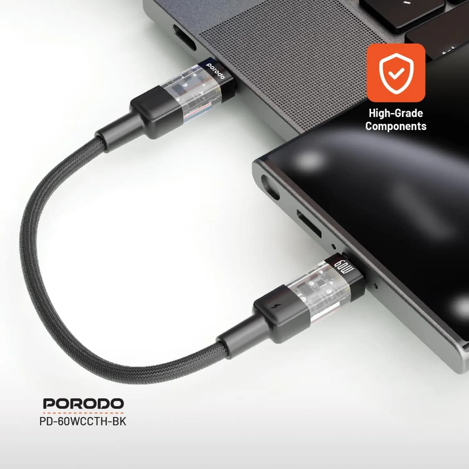 Porodo USB-C to USB-C Fast Charging Cable - 60W, Braided, Black 2