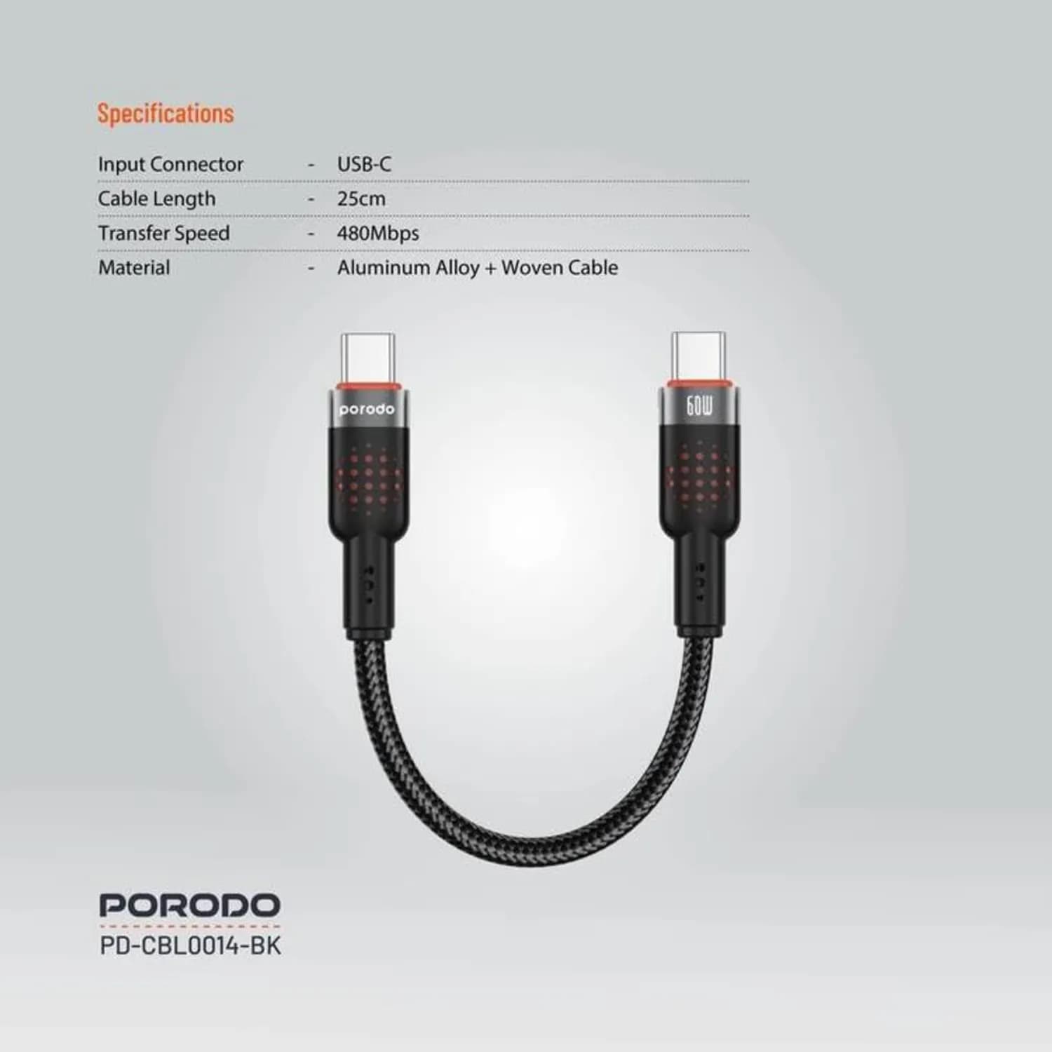 Porodo USB-C to USB-C Cable - 25cm, 60W PD, Black 5