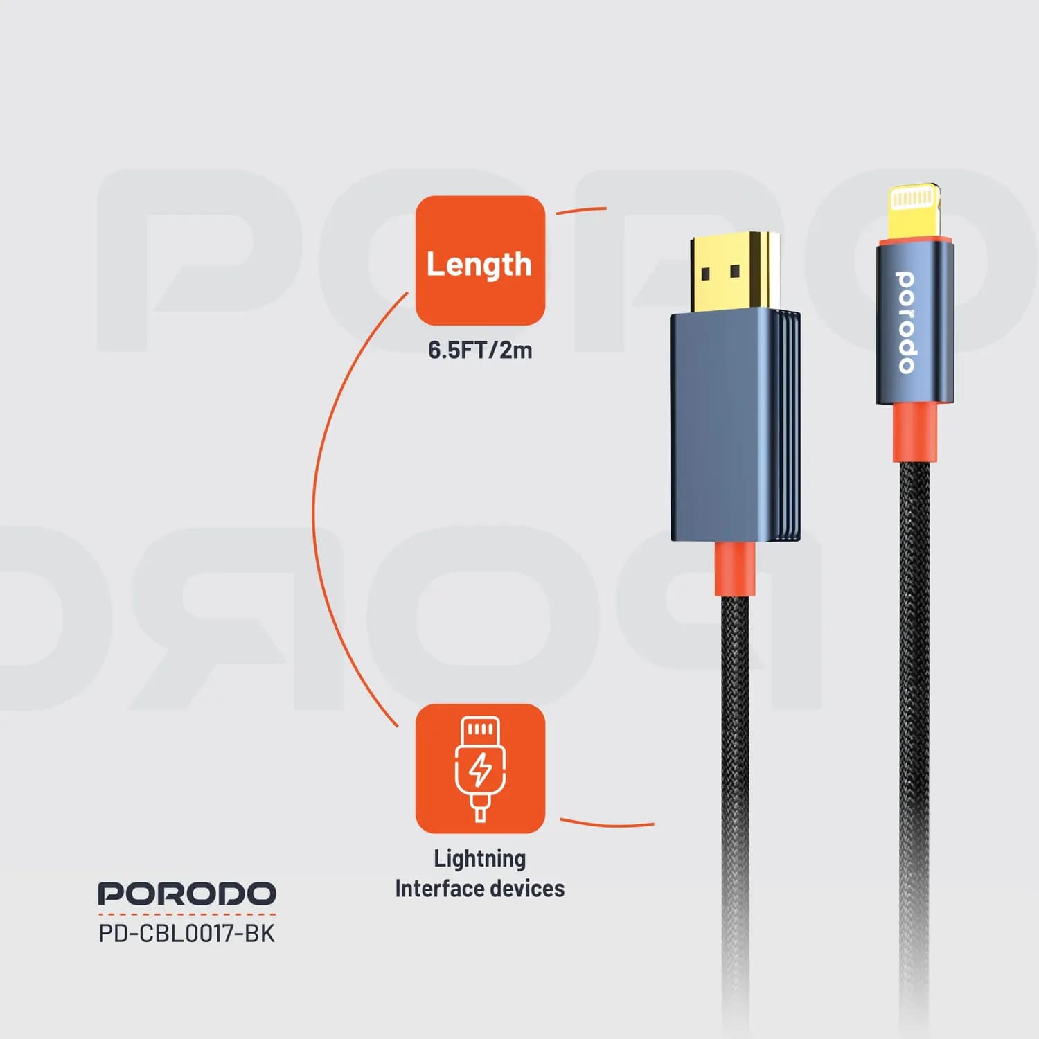 Porodo Lightning to HDMI Cable - 2m, 1080P, Black 5