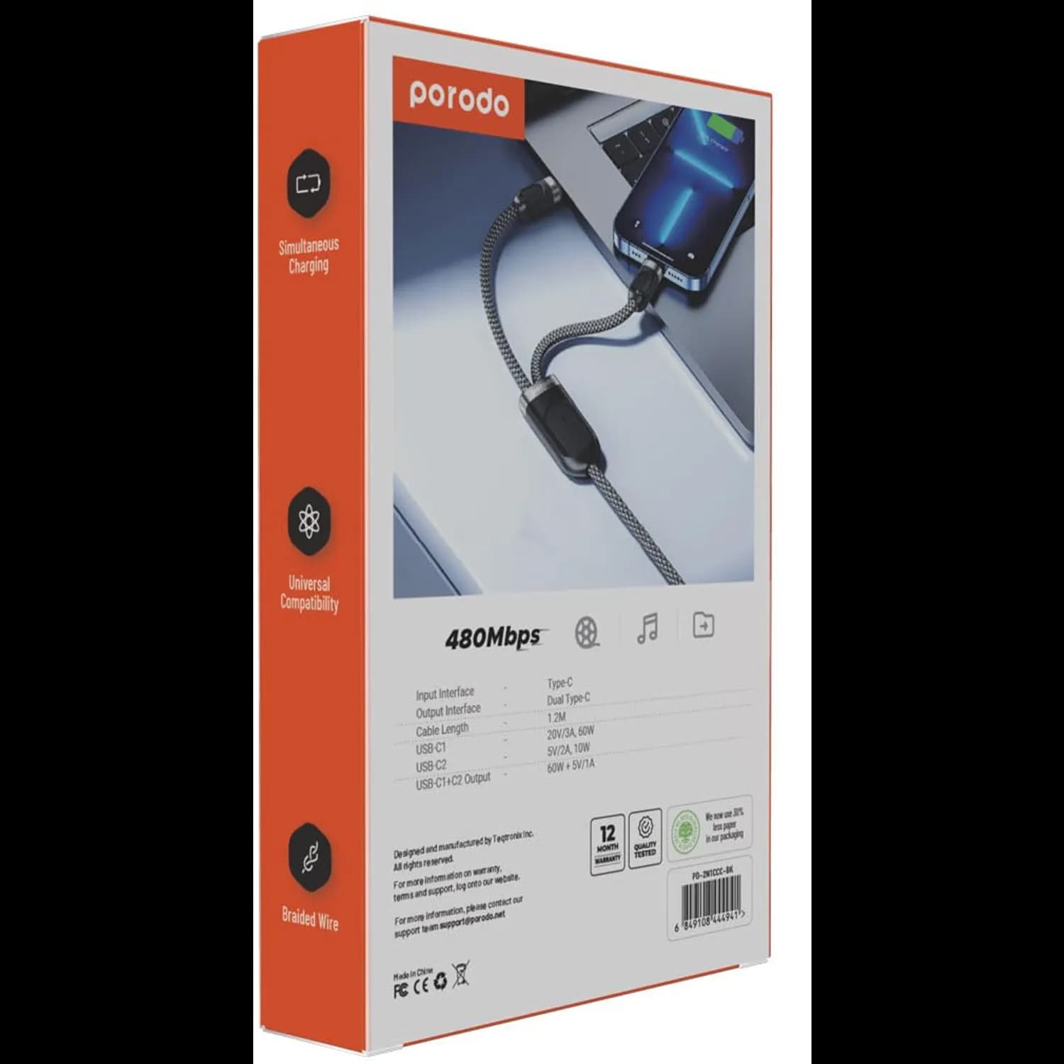 Porodo Charging Cable - 2in1 Type-C, 60W, 1.2M, Black 5