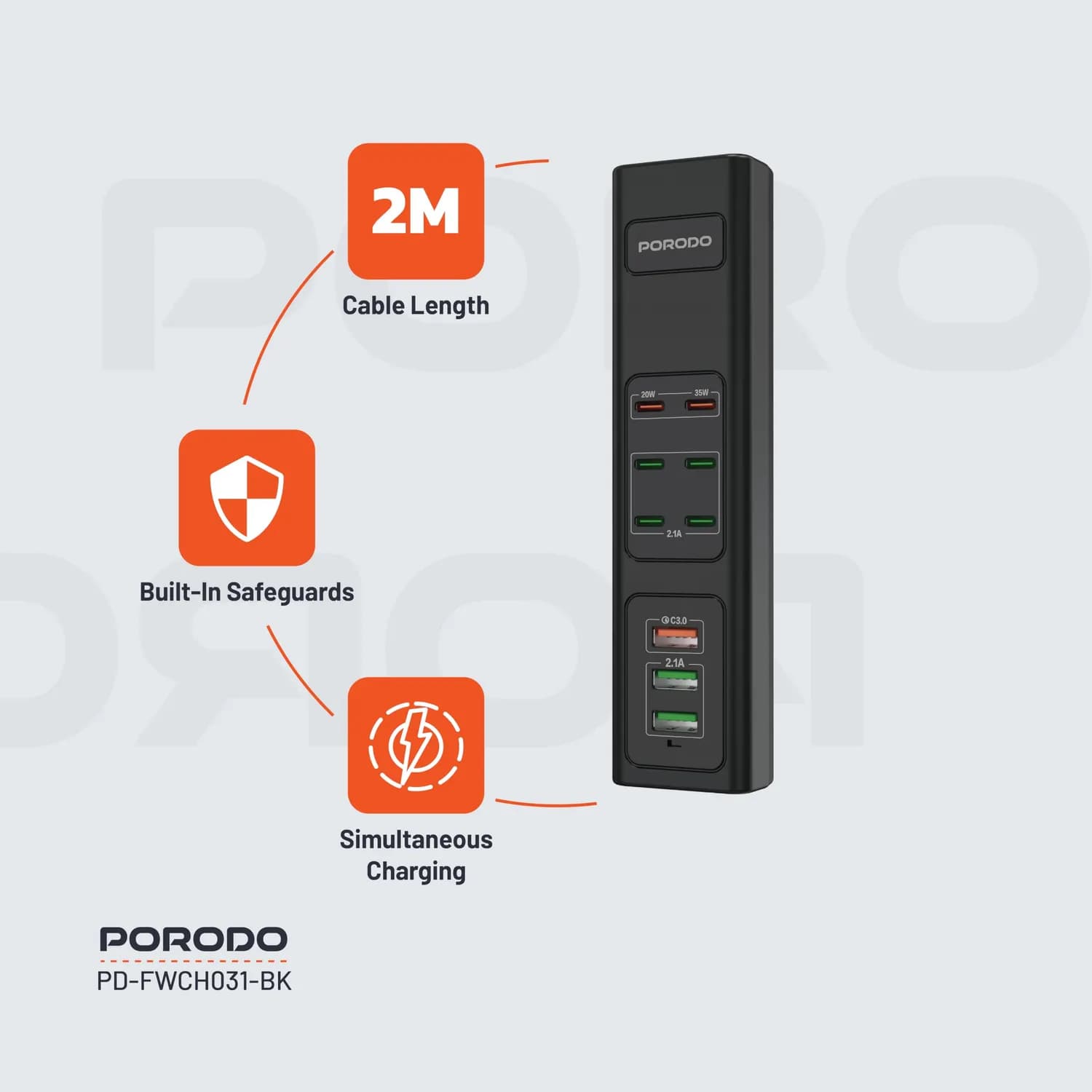 Porodo Fast Charger - 20W GaN, USB-C & USB-A, Black 5