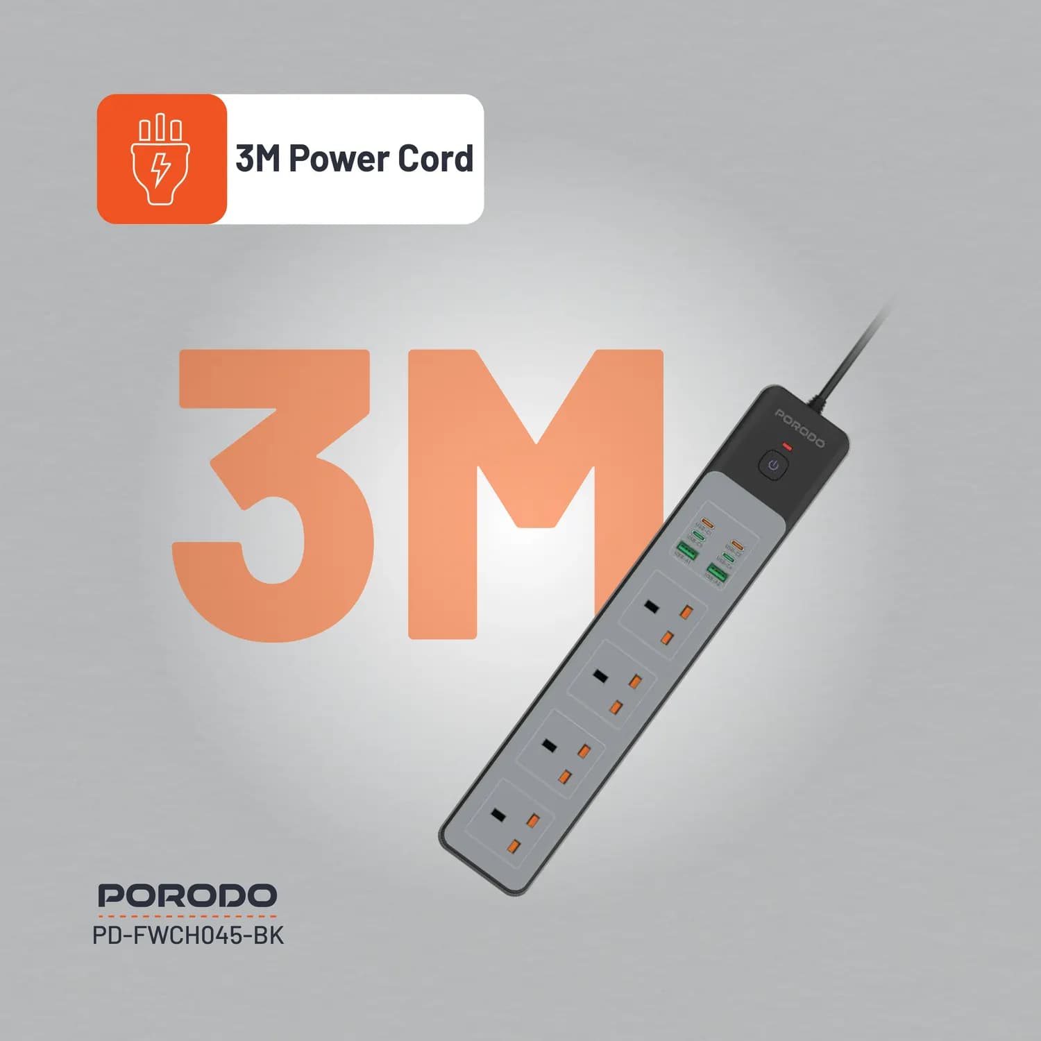 Porodo Power Strip - 4AC 65W 3000W, Black 2