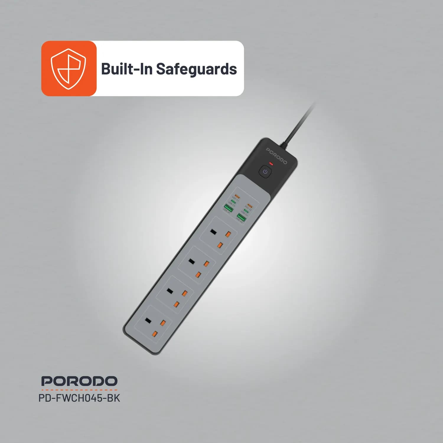 Porodo Power Strip - 4AC 65W 3000W, Black 4