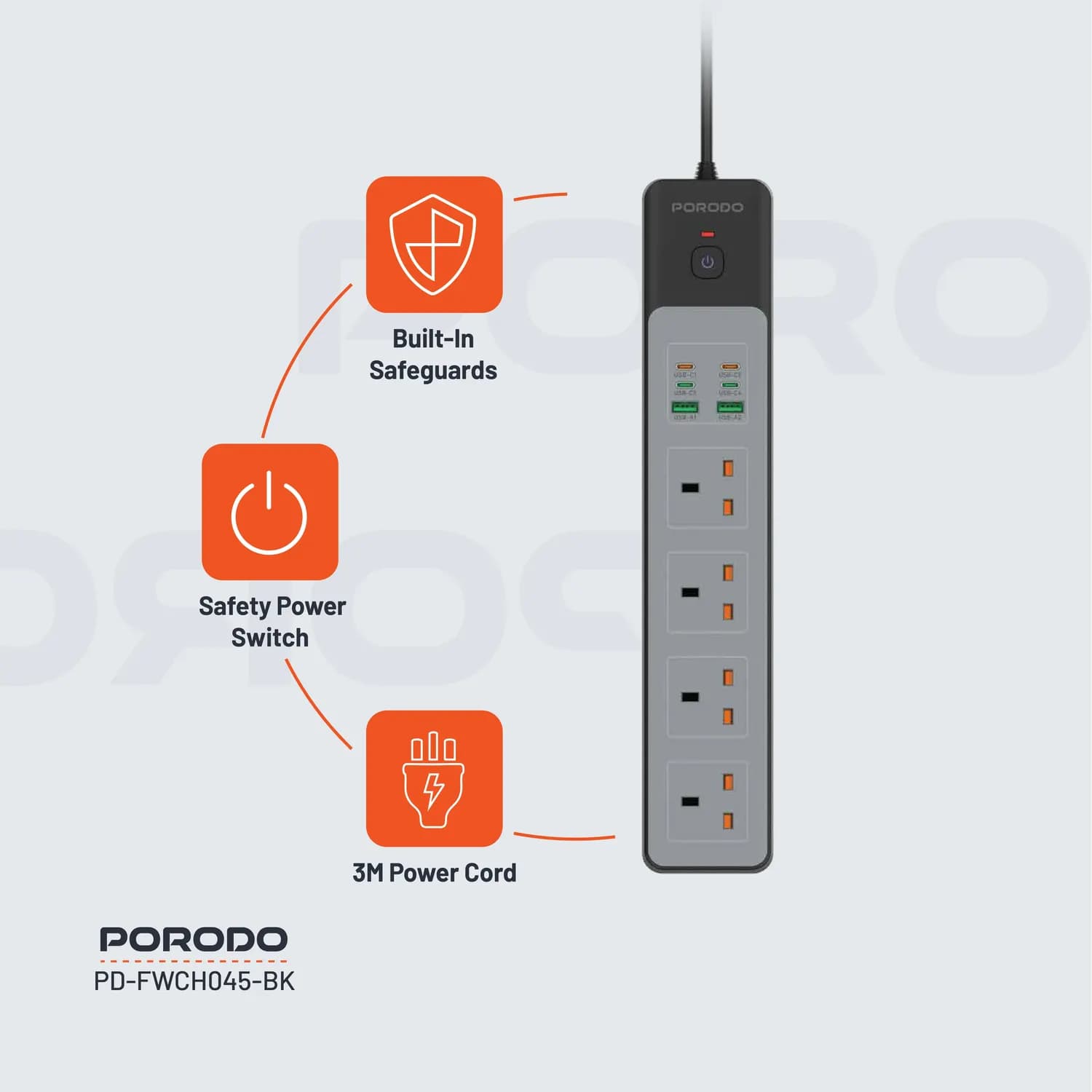 Porodo Power Strip - 4AC 65W 3000W, Black 5