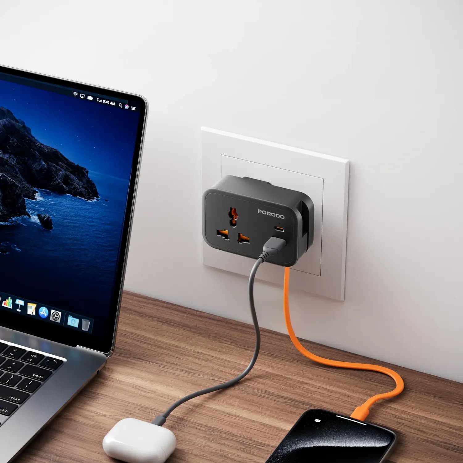 Porodo Universal Wall Socket - 3250W, USB-C, UK Plug, Black 2