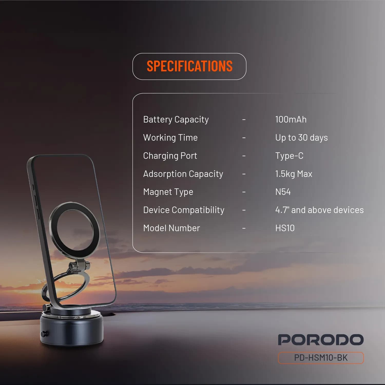 Porodo Magnetic Aluminum Mount - Adjustable Angle, Black 2