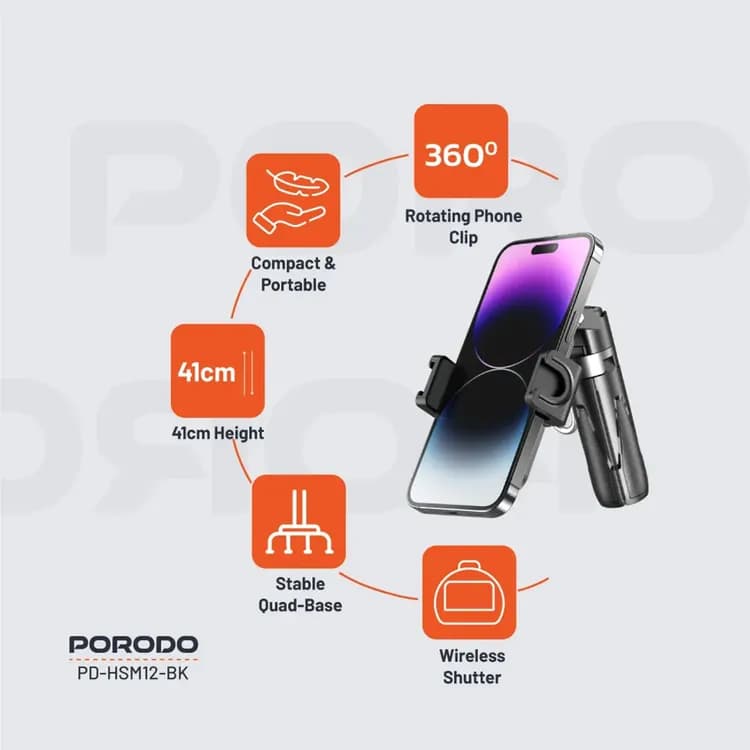 Porodo Selfie Stick - Foldable Tripod, Remote Control, Black 2