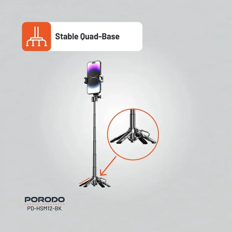 Porodo Selfie Stick - Foldable Tripod, Remote Control, Black 4