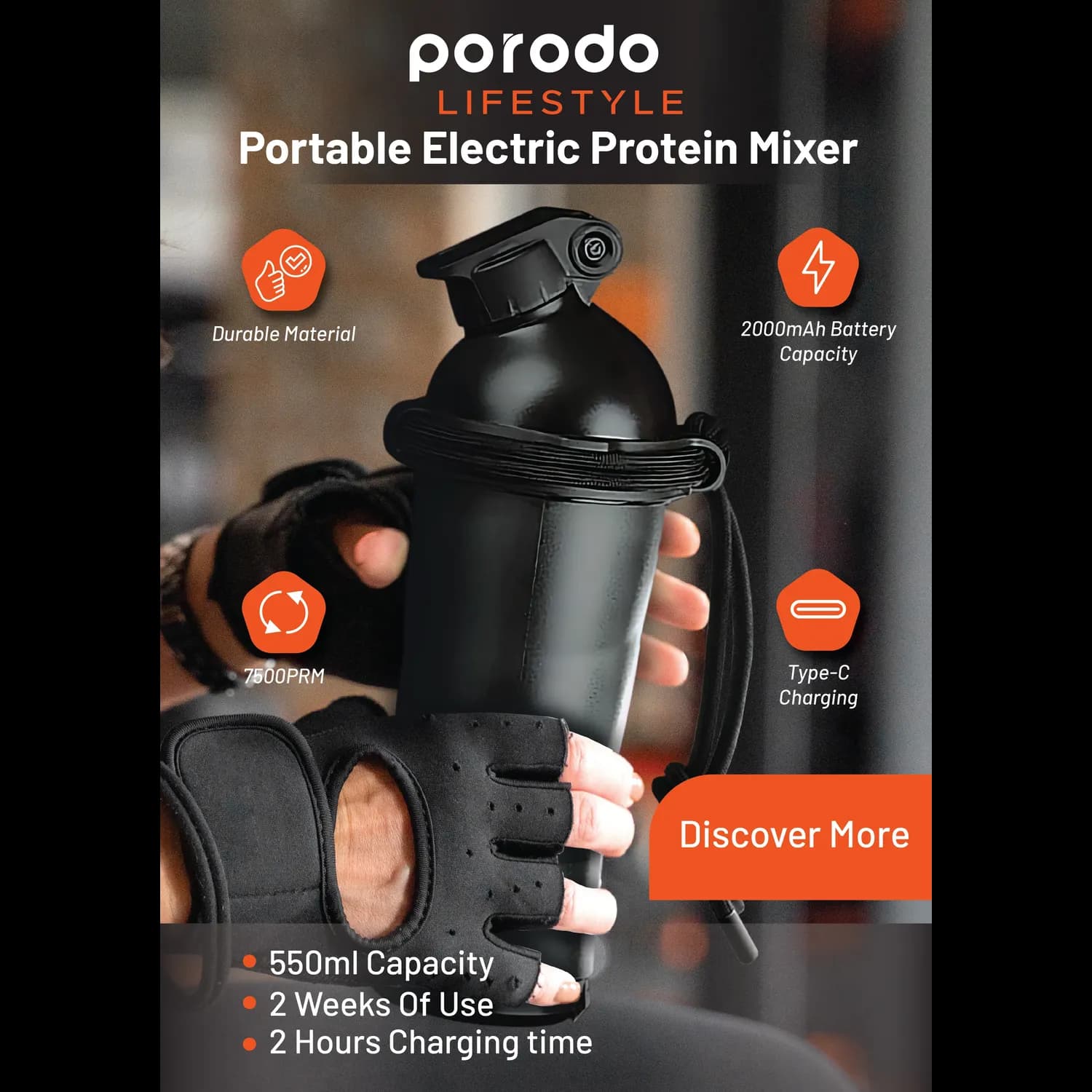 Porodo Electric Protein Mixer LifeStyle - 550ml, Power Bank, Black 2