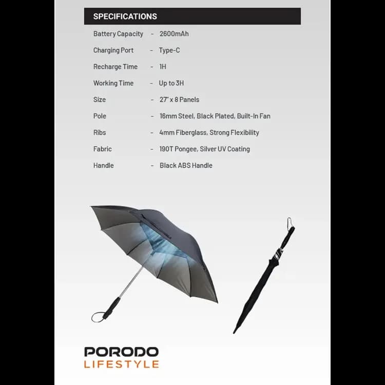 Porodo Umbrella PD-LFST029 - Fan & Mist Spray, UV Protection, Black 6
