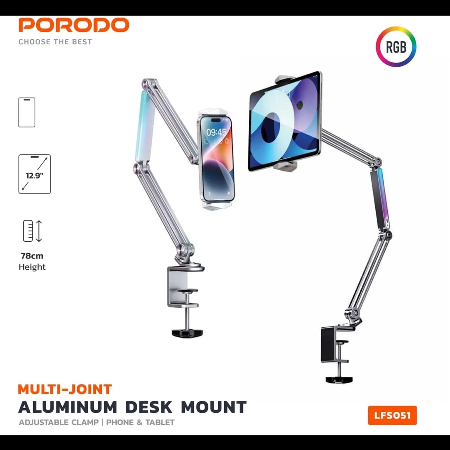 Porodo Laptop Stand - Foldable, RGB Lights, Gray 2