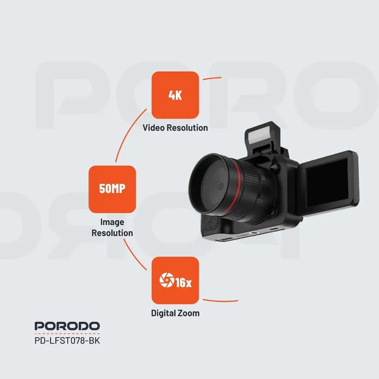 Porodo Digital Camera - 4K Video, 50MP, 16x Zoom, Black 4