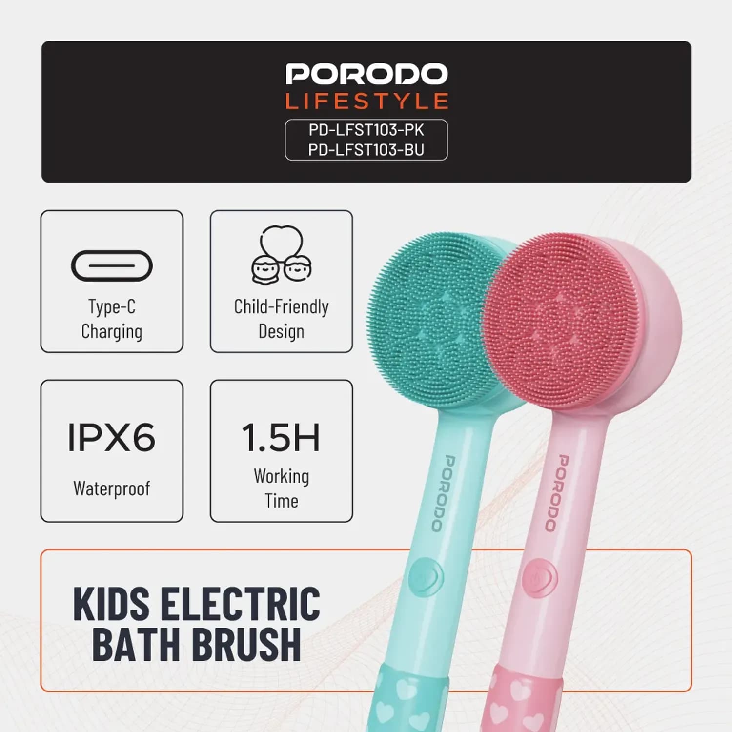 Porodo Kids Electric Bath Brush - Waterproof, Pink 2