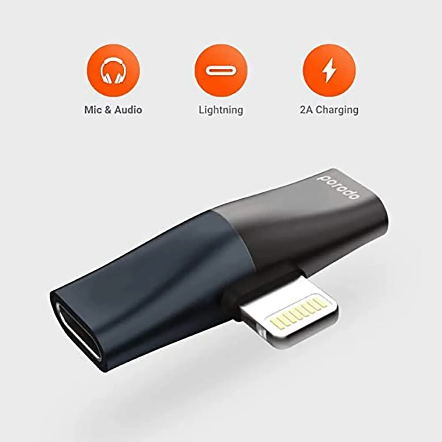 Porodo Lightning Adapter - Dual Audio & Charging, Black 2