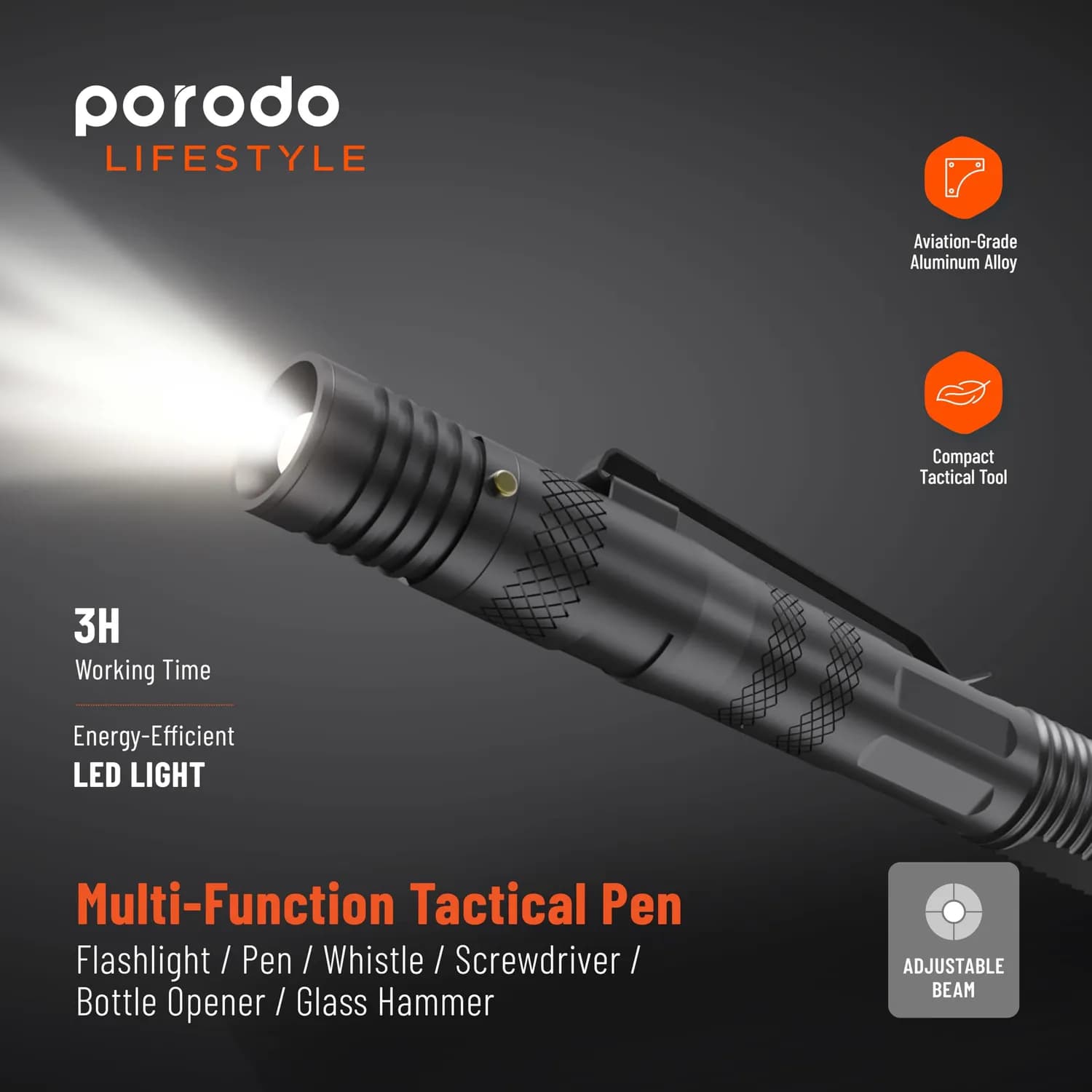 Porodo Flashlight - 6in1 Tactical, Black/Gray 3