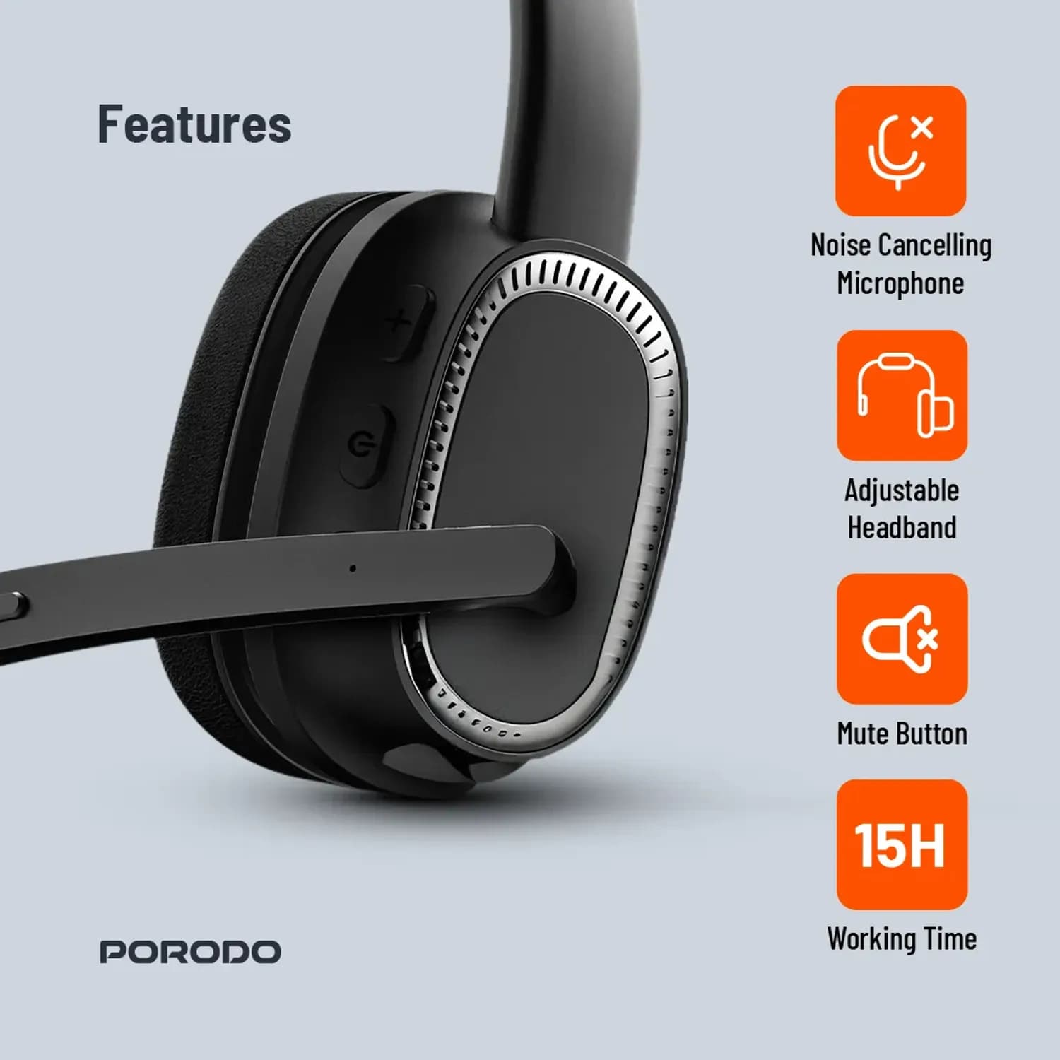 Porodo Wireless One-Ear Headset - Noise-Cancelling Mic, Black 3