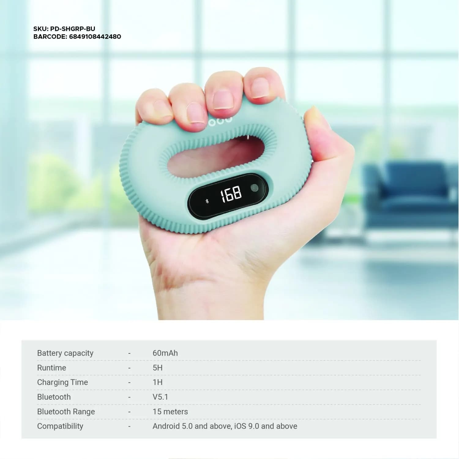 Porodo Smart Hand Grip - Digital Display, Blue 3