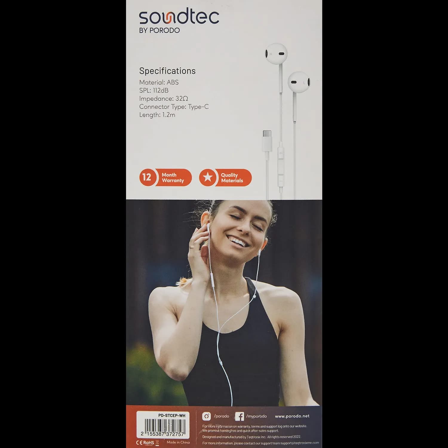 Porodo Earphones Soundtec - Type-C, Mic, White 4