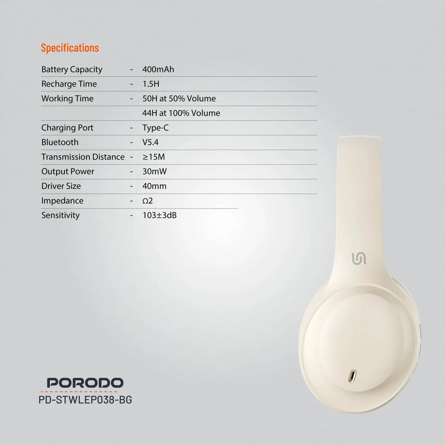 Porodo Wireless Headphones Soundtec PRIMO - ENC, Gaming Mode, Beige 4