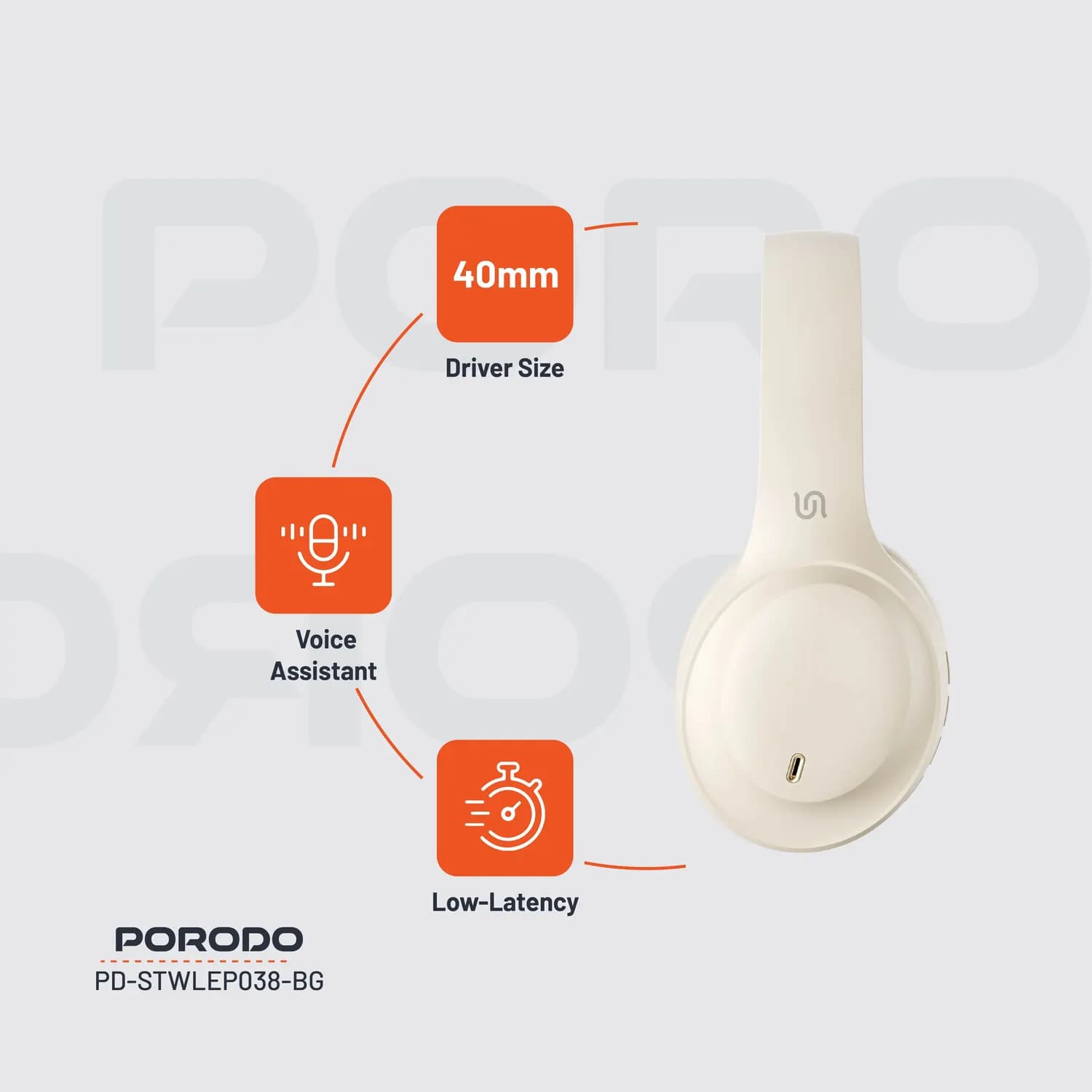 Porodo Wireless Headphones Soundtec PRIMO - ENC, Gaming Mode, Beige 5