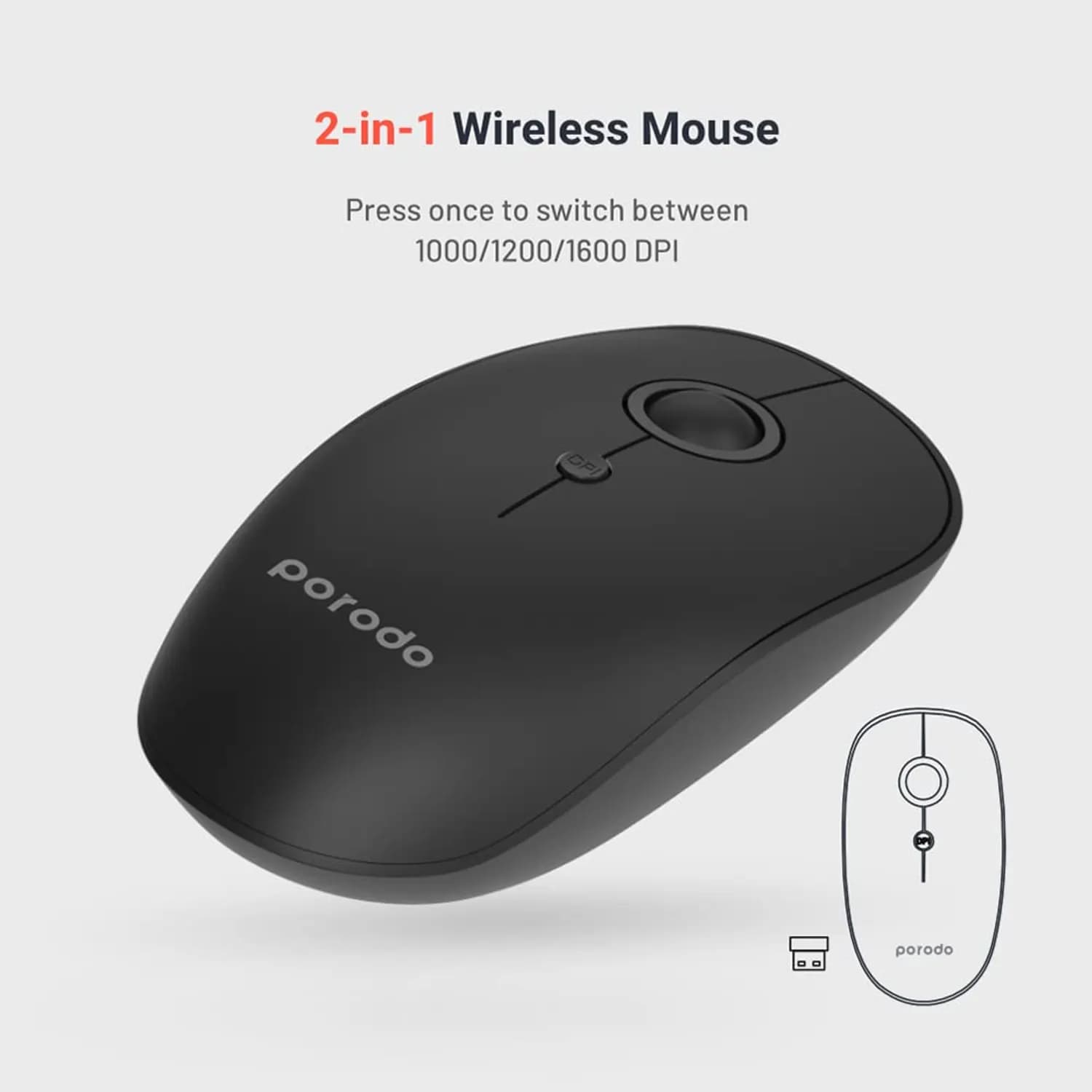 Porodo Wireless Bluetooth Mouse - 2.4GHz, Black 2