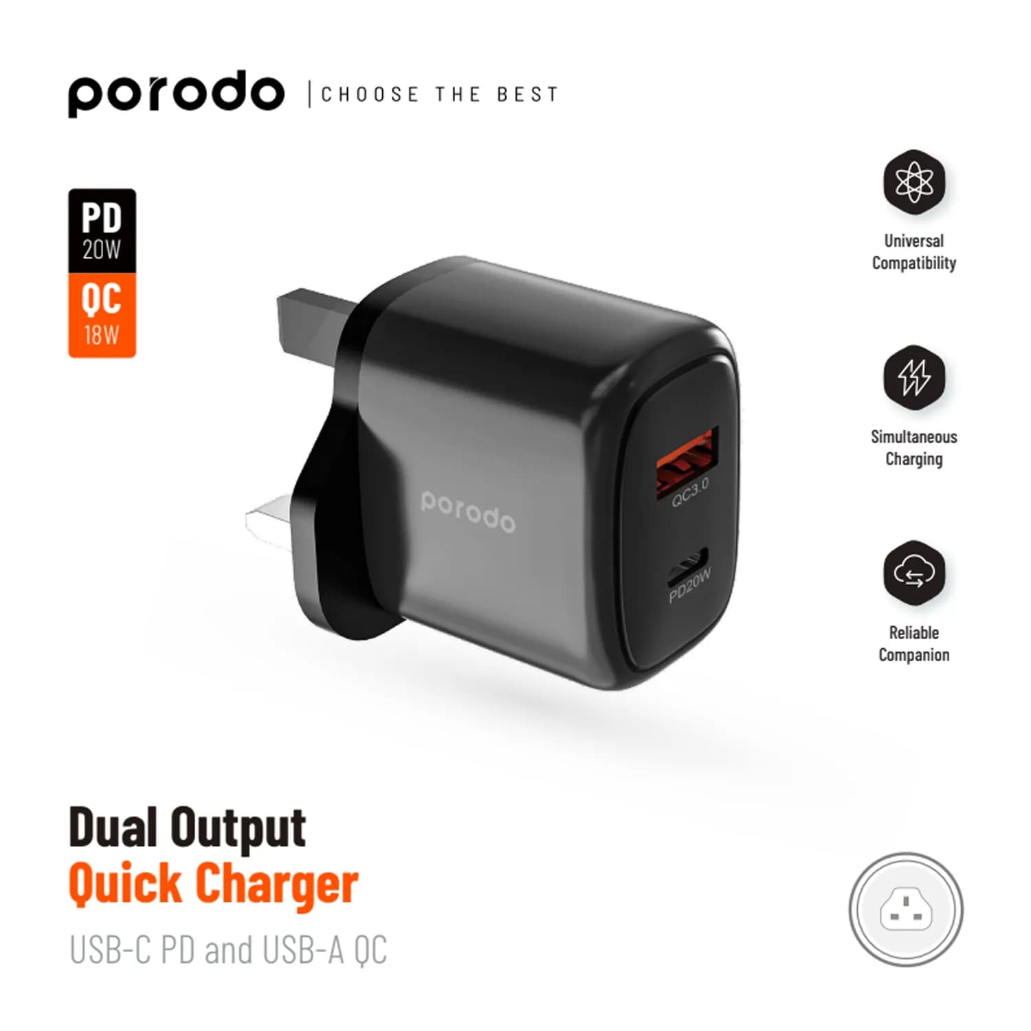 Porodo 20W+QC USB A+C Charger UK with C-C 1.2M Cable - Black 1 Porodo 20W+QC USB A+C Charger UK with C-C 1.2M Cable - Black 1