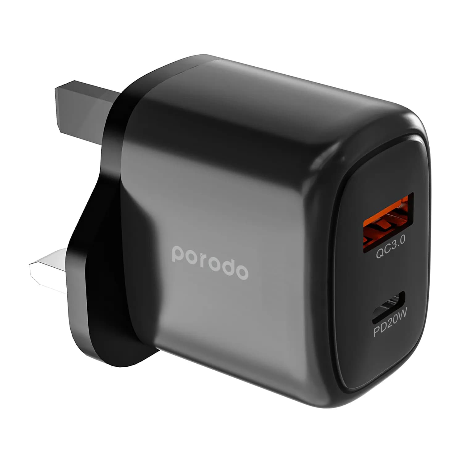 Porodo 20W+QC USB A+C Charger UK with C-C 1.2M Cable - Black 2