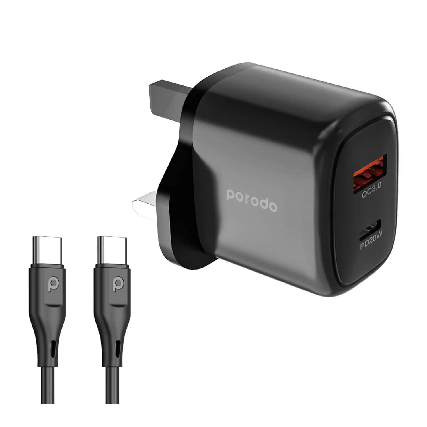Porodo 20W+QC USB A+C Charger UK with C-C 1.2M Cable - Black 3