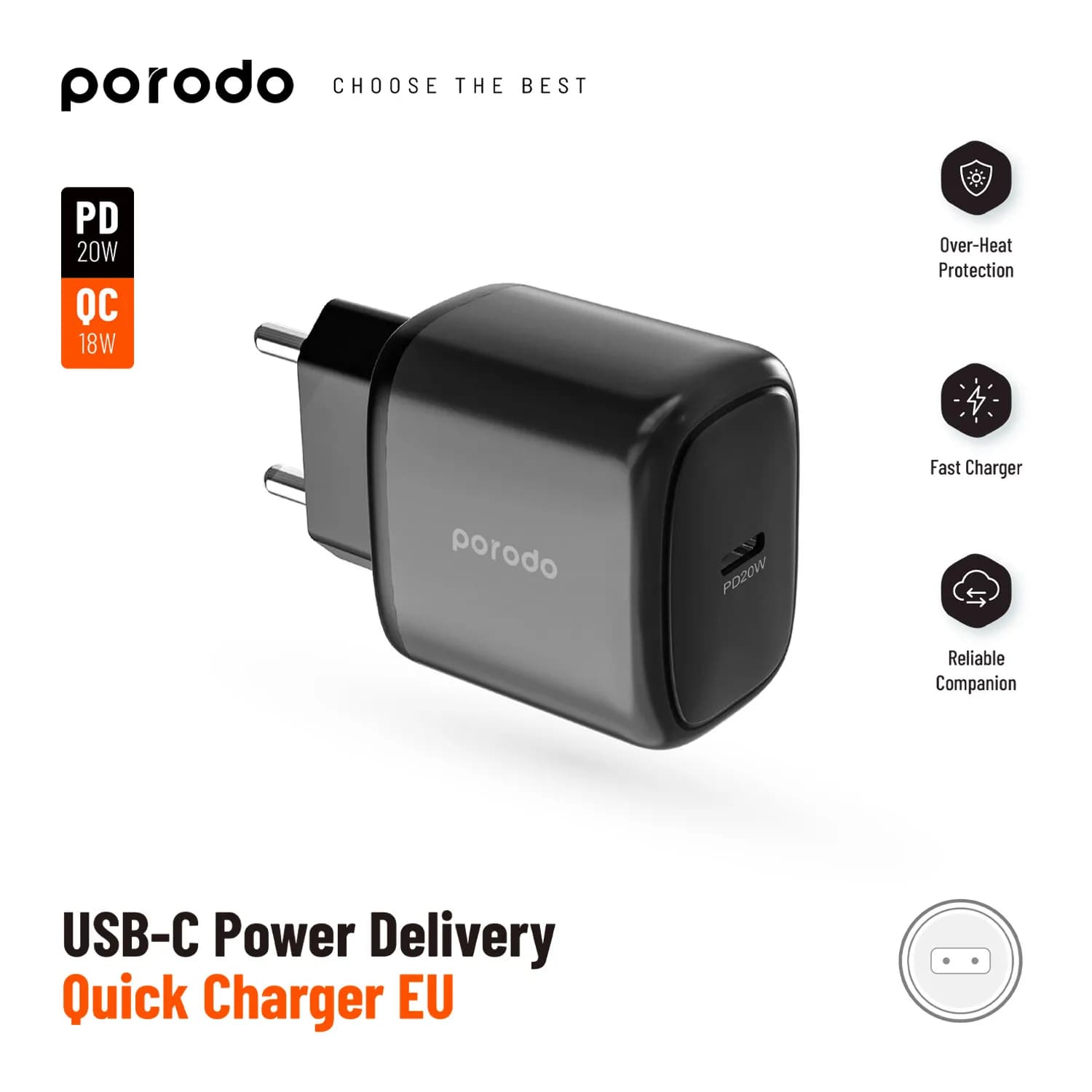 Porodo USB-C Power Delivery Quick Charger EU with USB-C Cable 2
