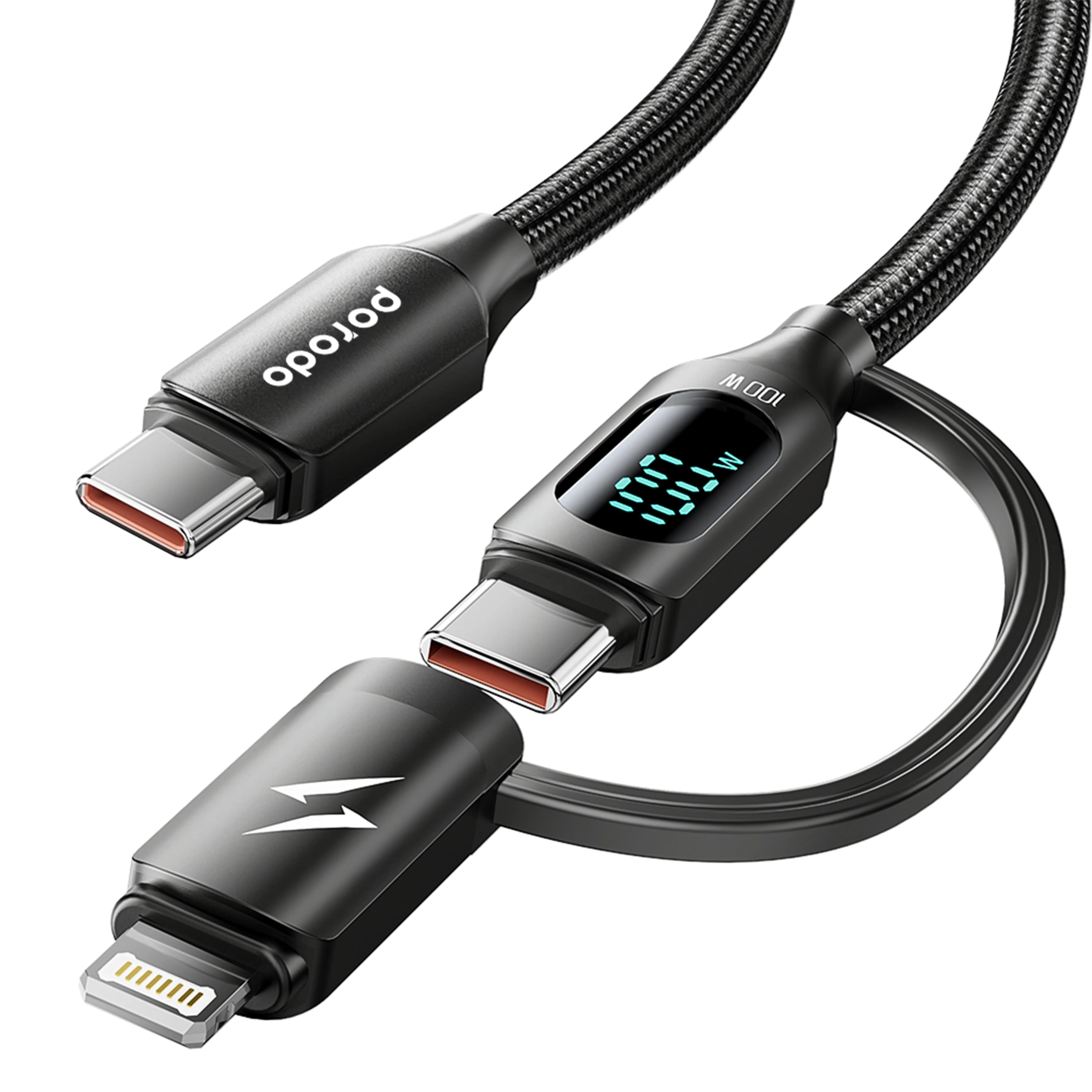 Porodo 2-IN-1 Digital-Display Fast Charging 1M Cable C to C+L - BLACK 1 Porodo 2-IN-1 Digital-Display Fast Charging 1M Cable C to C+L - BLACK 1