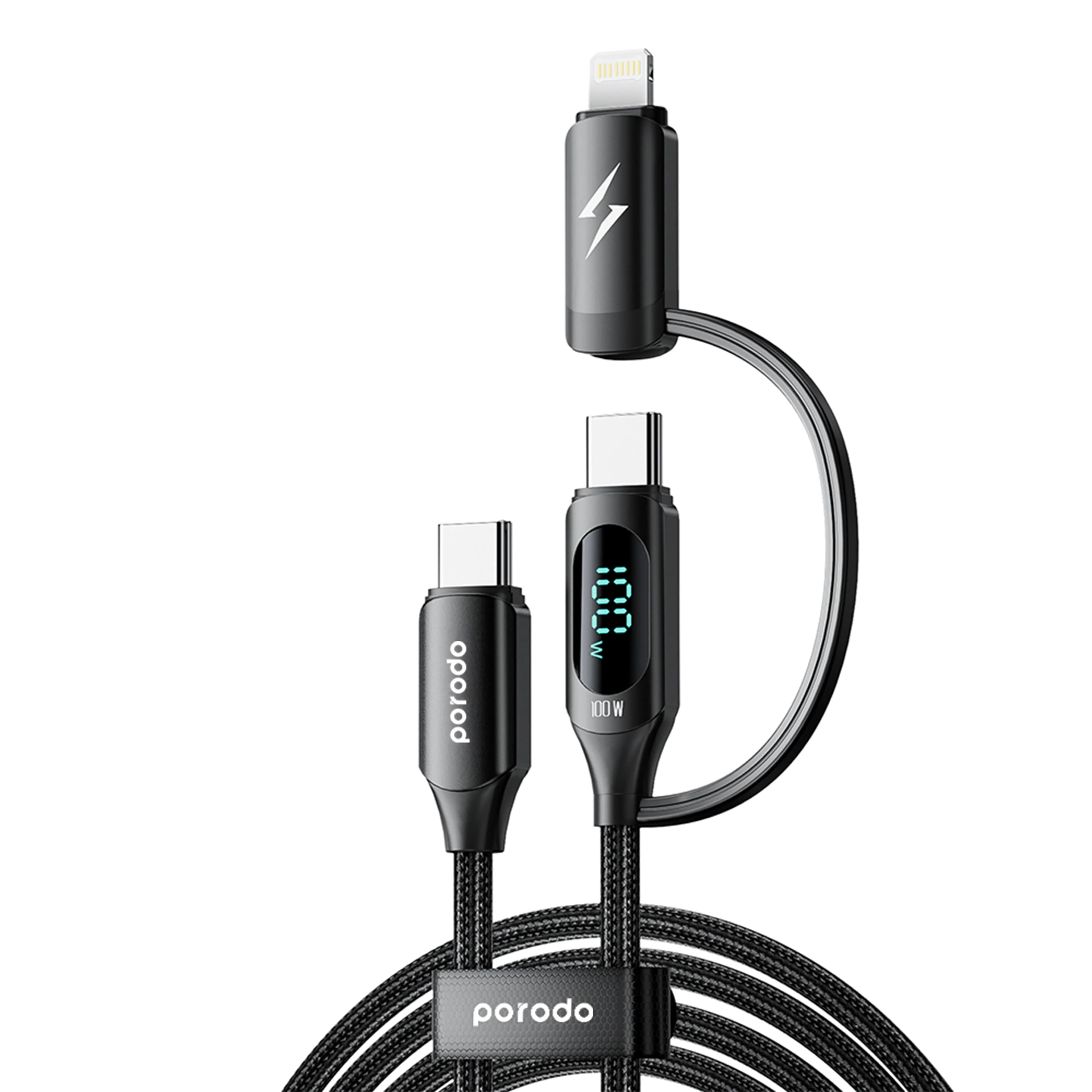 Porodo 2-IN-1 Digital-Display Fast Charging 1M Cable C to C+L - BLACK 2