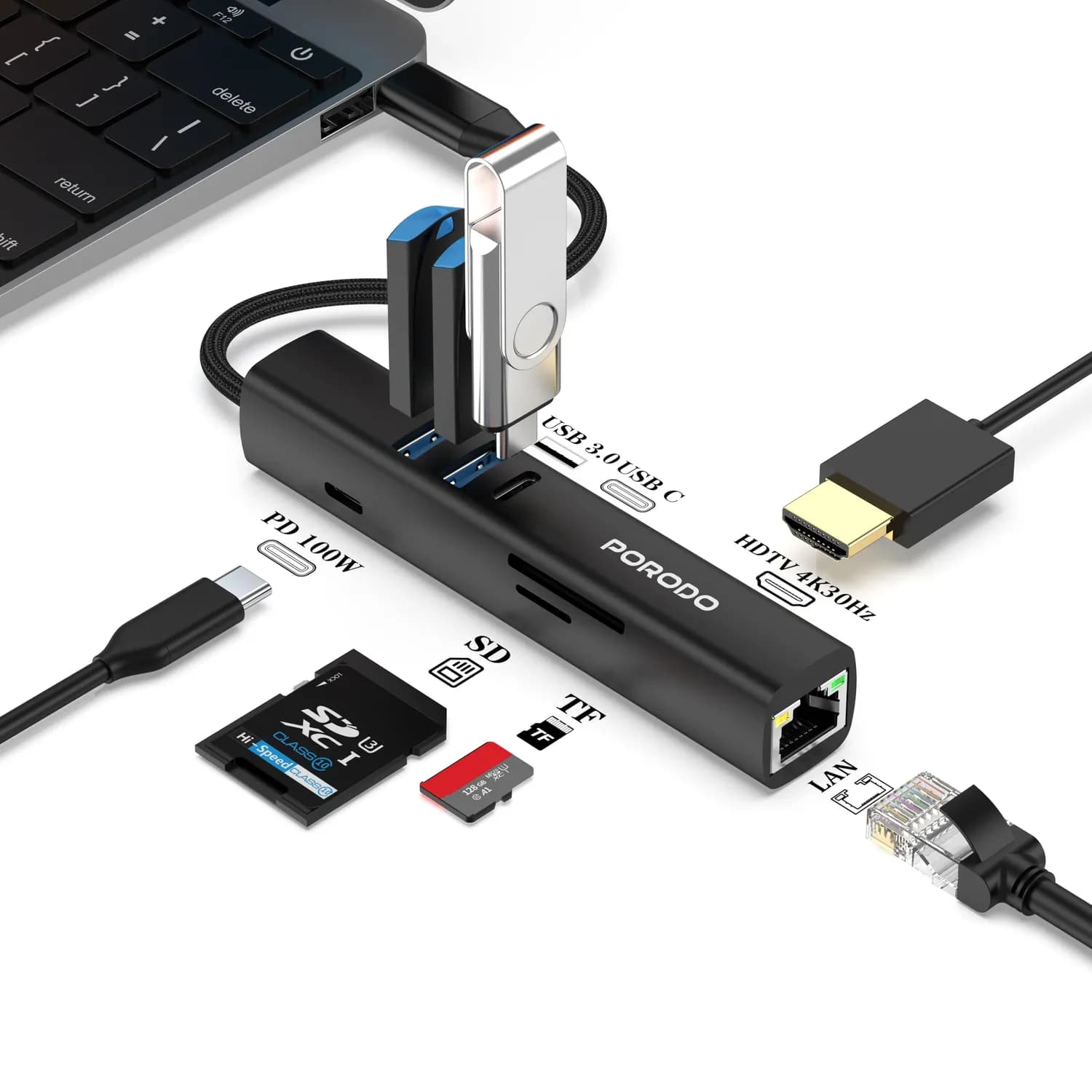 Porodo USB Hub - 7-in-1, 100W PD, Black 2