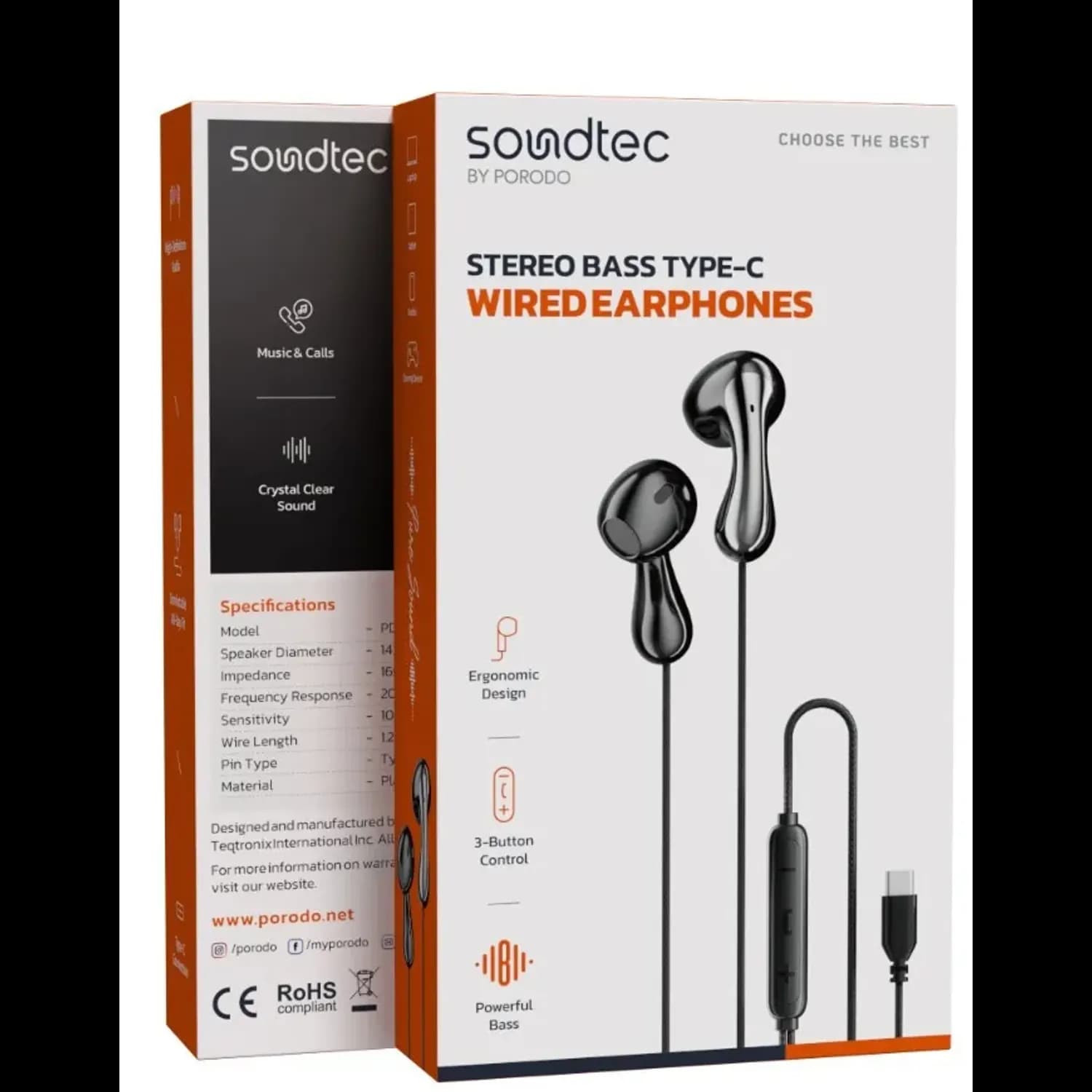Porodo Earphones - Stereo Bass, Type-C, Black 2