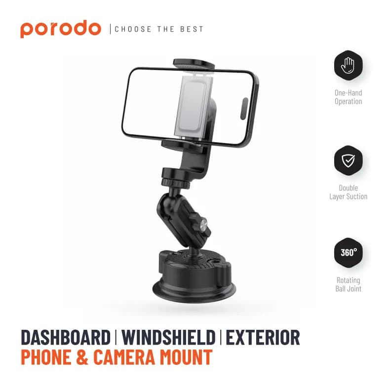 Porodo Dashboard Windshield Exterior Phone & Camera Mount 3