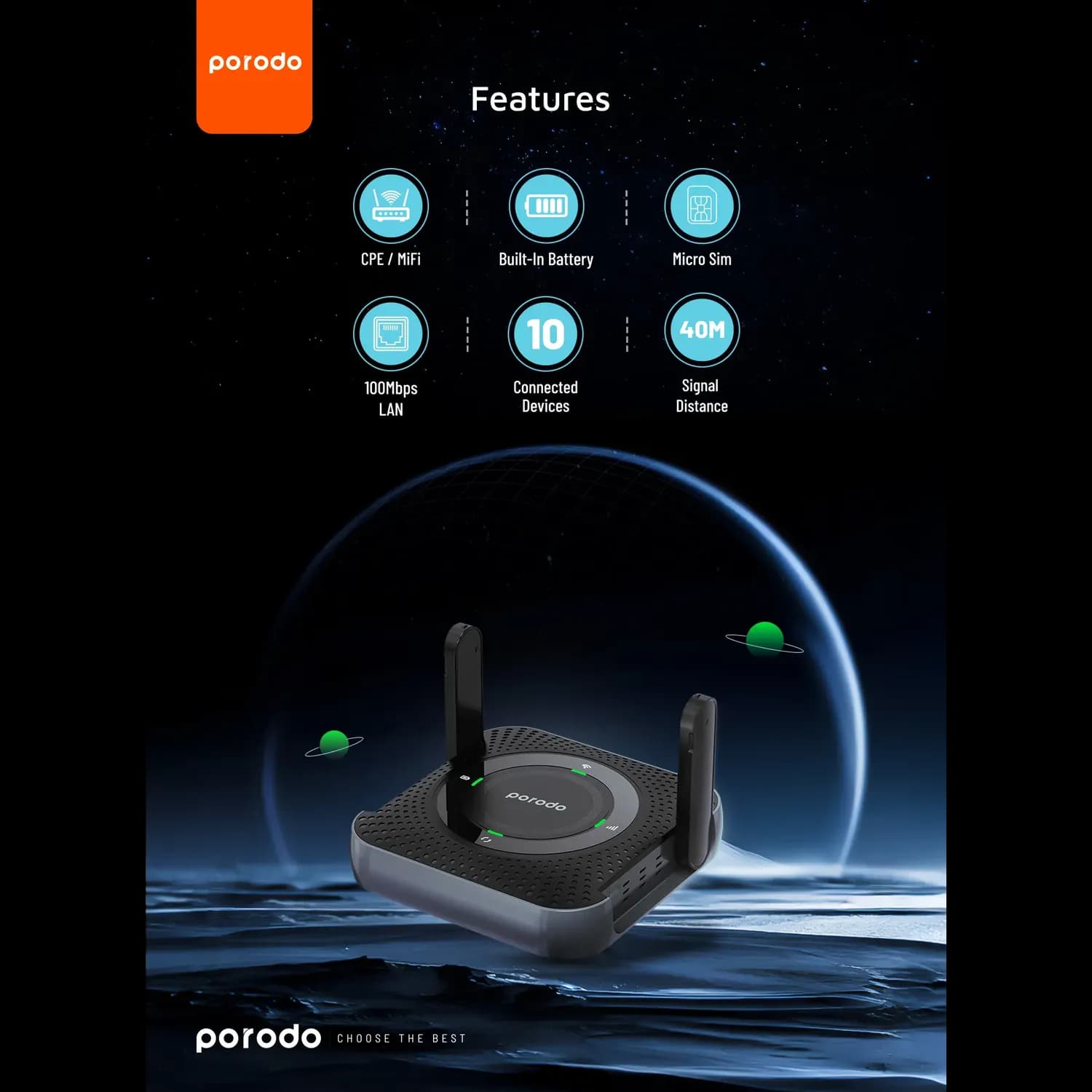 Porodo Portable 4G LTE Router - Outdoor, Black/Grey 2