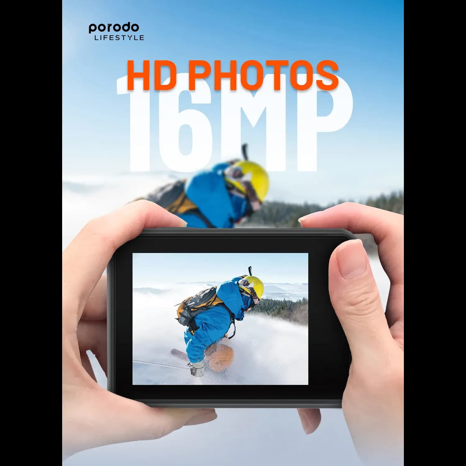 Porodo Action Camera - Waterproof, Dual Screen, Black 2