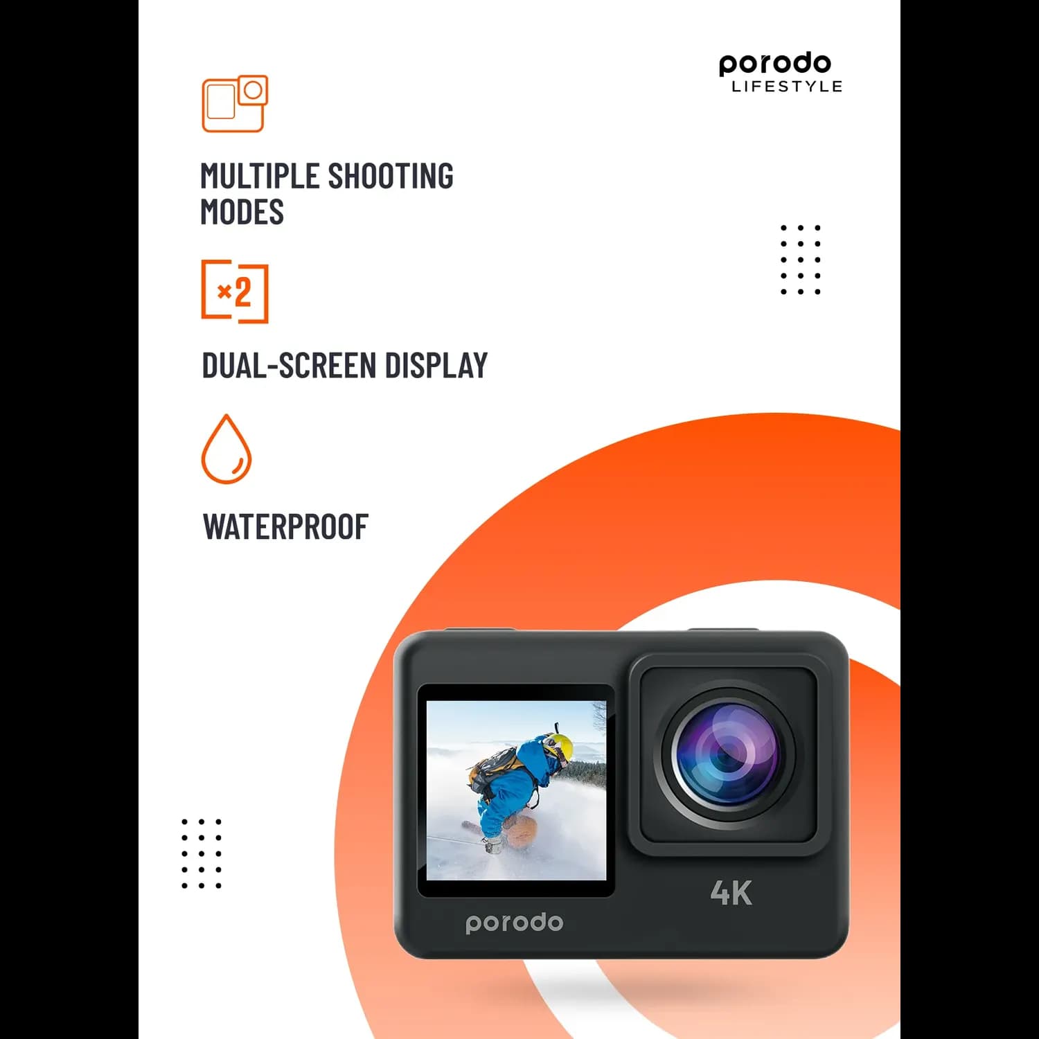 Porodo Action Camera - Waterproof, Dual Screen, Black 5